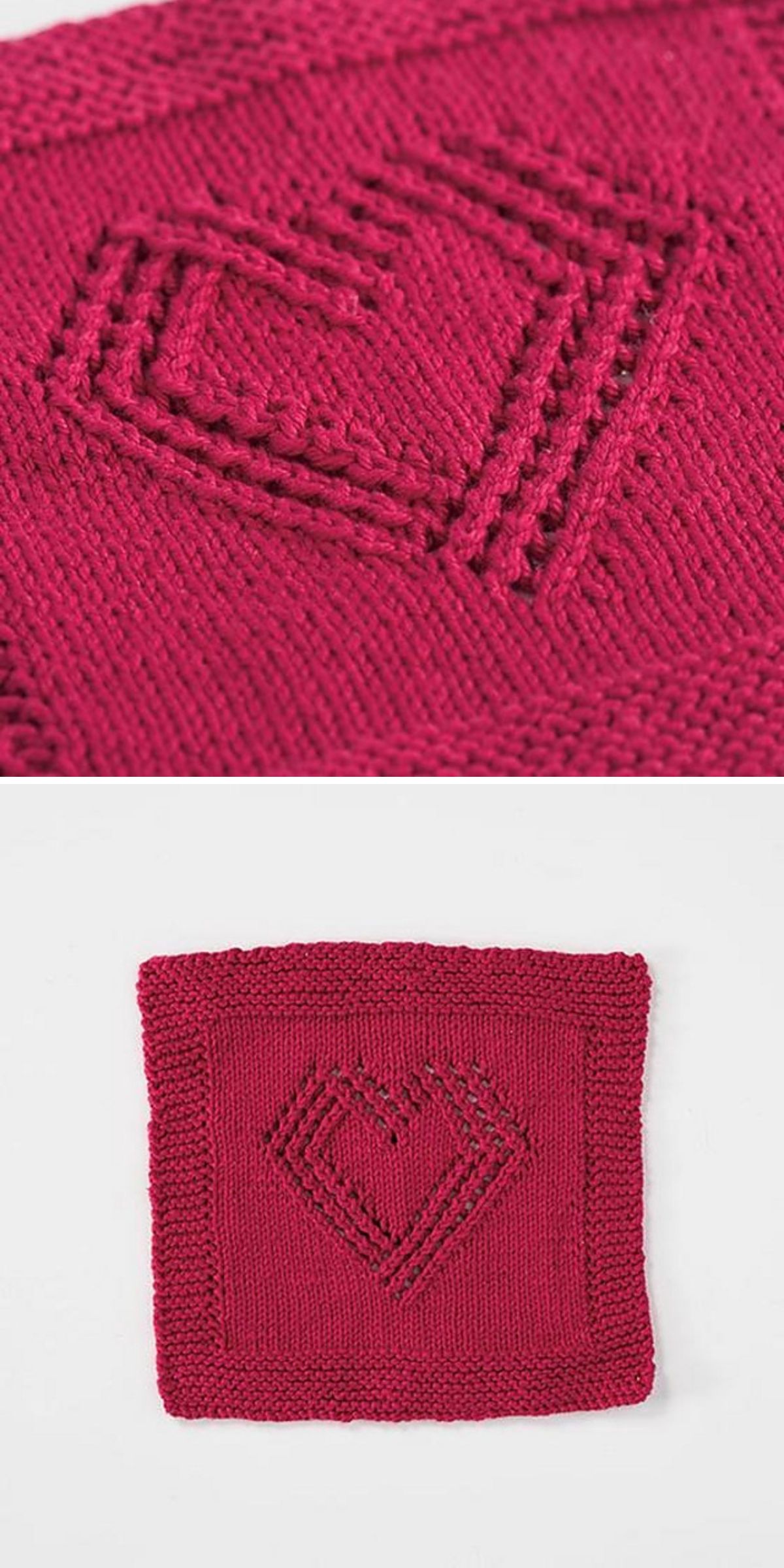 A red knitted dishcloth features a heart motif in the center, formed with a combination of knit and purl stitches.