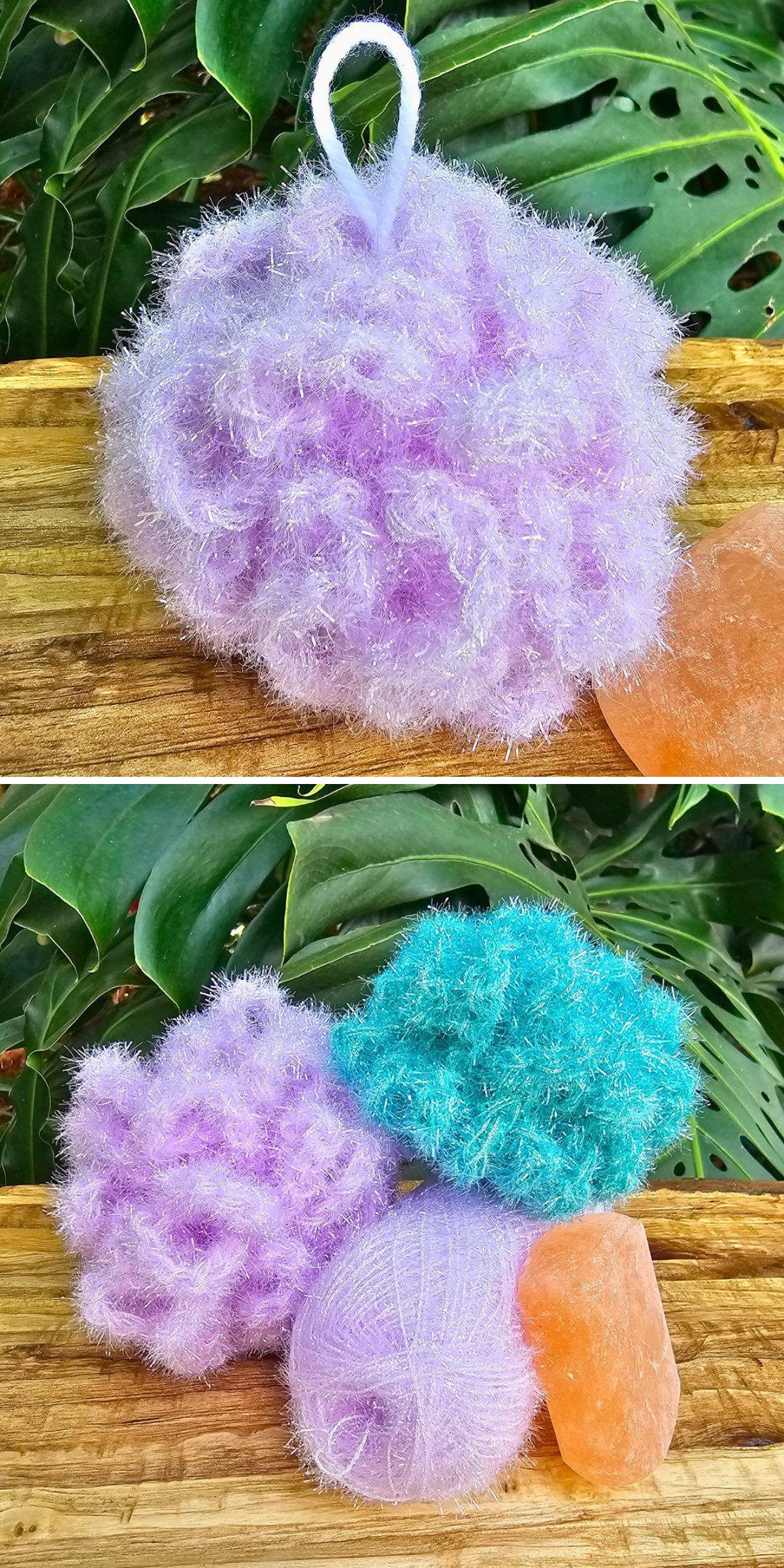 Two images show fluffy crochet spa scrubbers in purple and teal, a ball of yarn, and orange soap on a wooden surface with green leaves in the background.