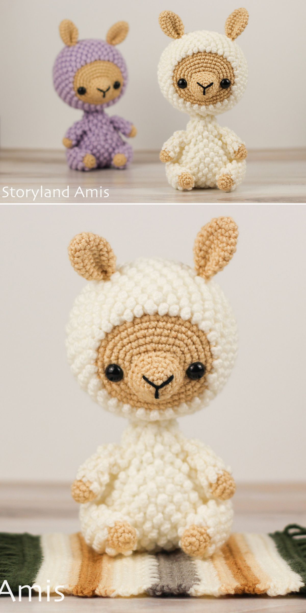 Two crochet llamas, one in a purple outfit and one in white, are shown sitting on a surface with a striped mat beneath the white llama.