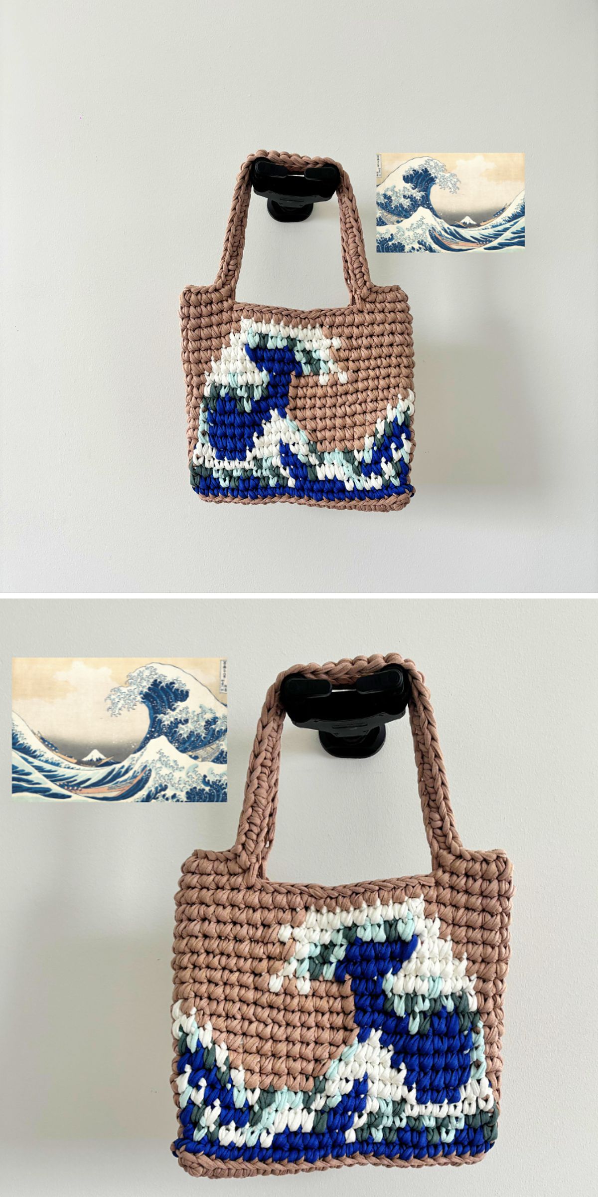 Two images show a crocheted brown bag with a blue and white wave design, crafted in the style of tapestry crochet bags, hanging near a print of Hokusai’s “The Great Wave off Kanagawa” on a plain white wall.