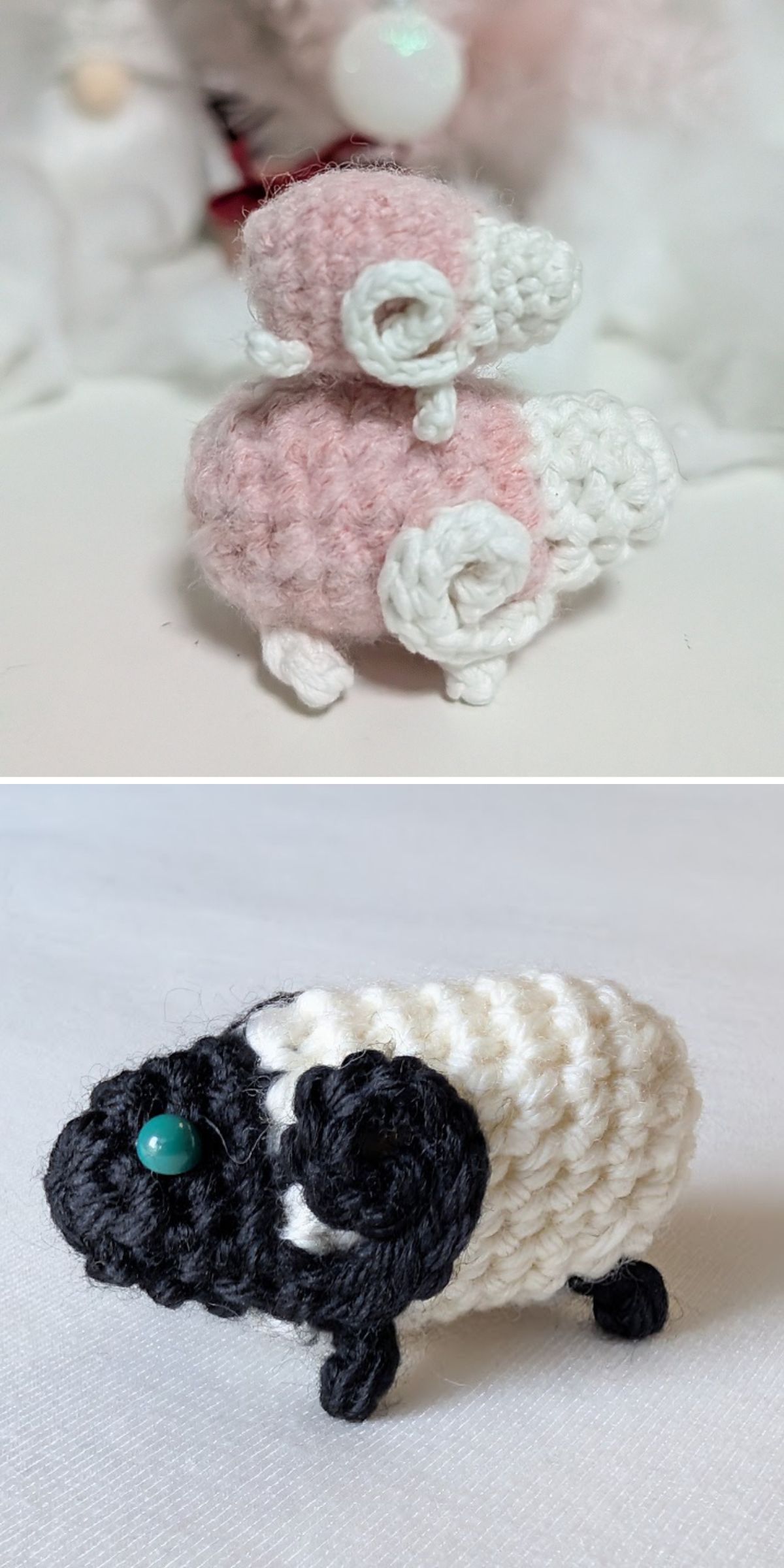 Two small crocheted sheep figurines: the top one is pink and white with curled horns, while the bottom is white with a black face and a green bead eye