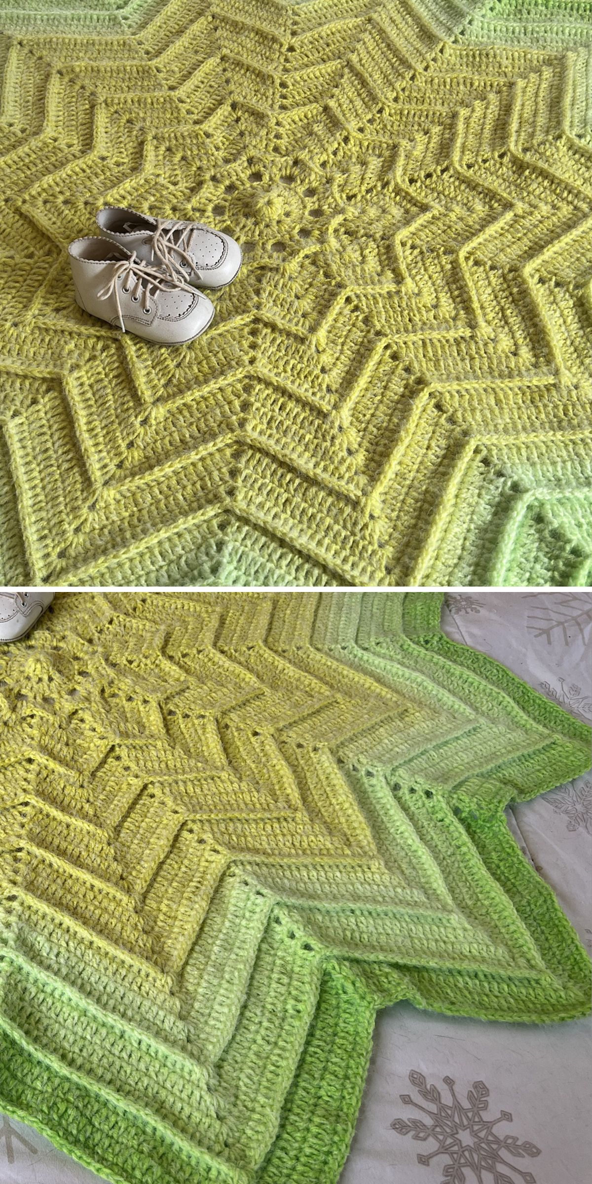 A yellow and green star-shaped crocheted blanket is shown, with a pair of baby shoes placed on top in the first image, making this cozy blanket perfect for a playful nursery touch.