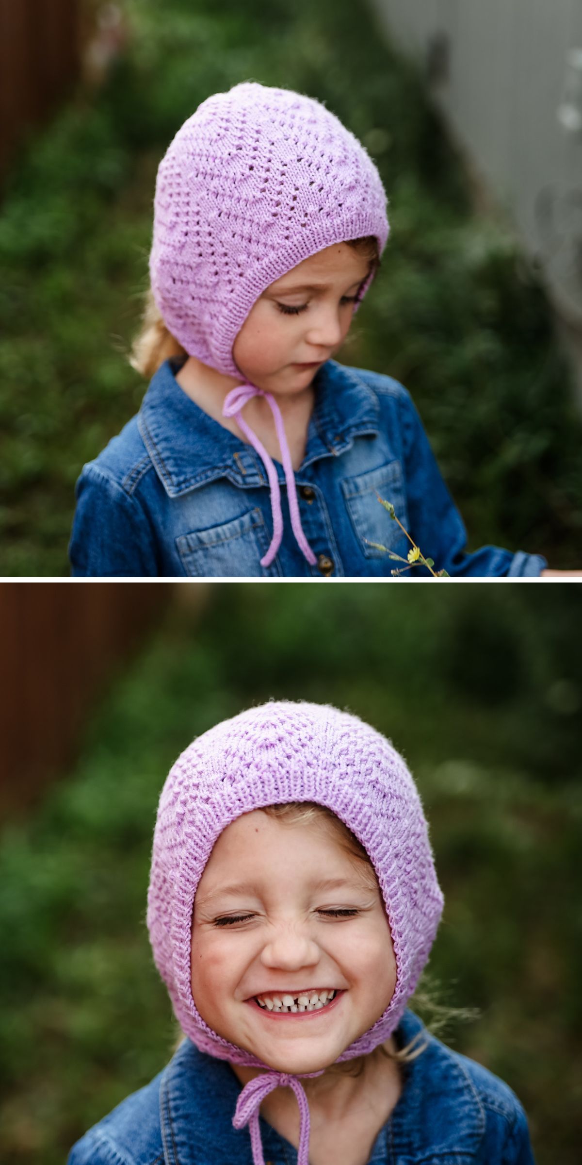 A young child in a denim jacket and a light purple knitted baby bonnet is shown outdoors; in one image looking down, in the other smiling with eyes closed.