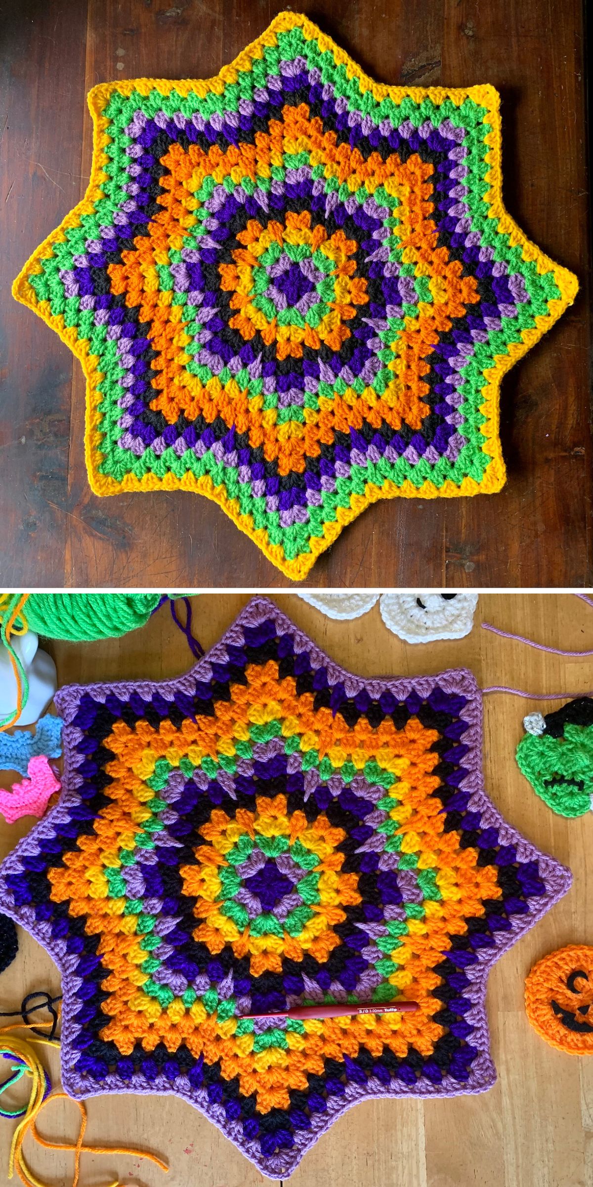 a colorful star-shaped crochet placemat made with granny stitch