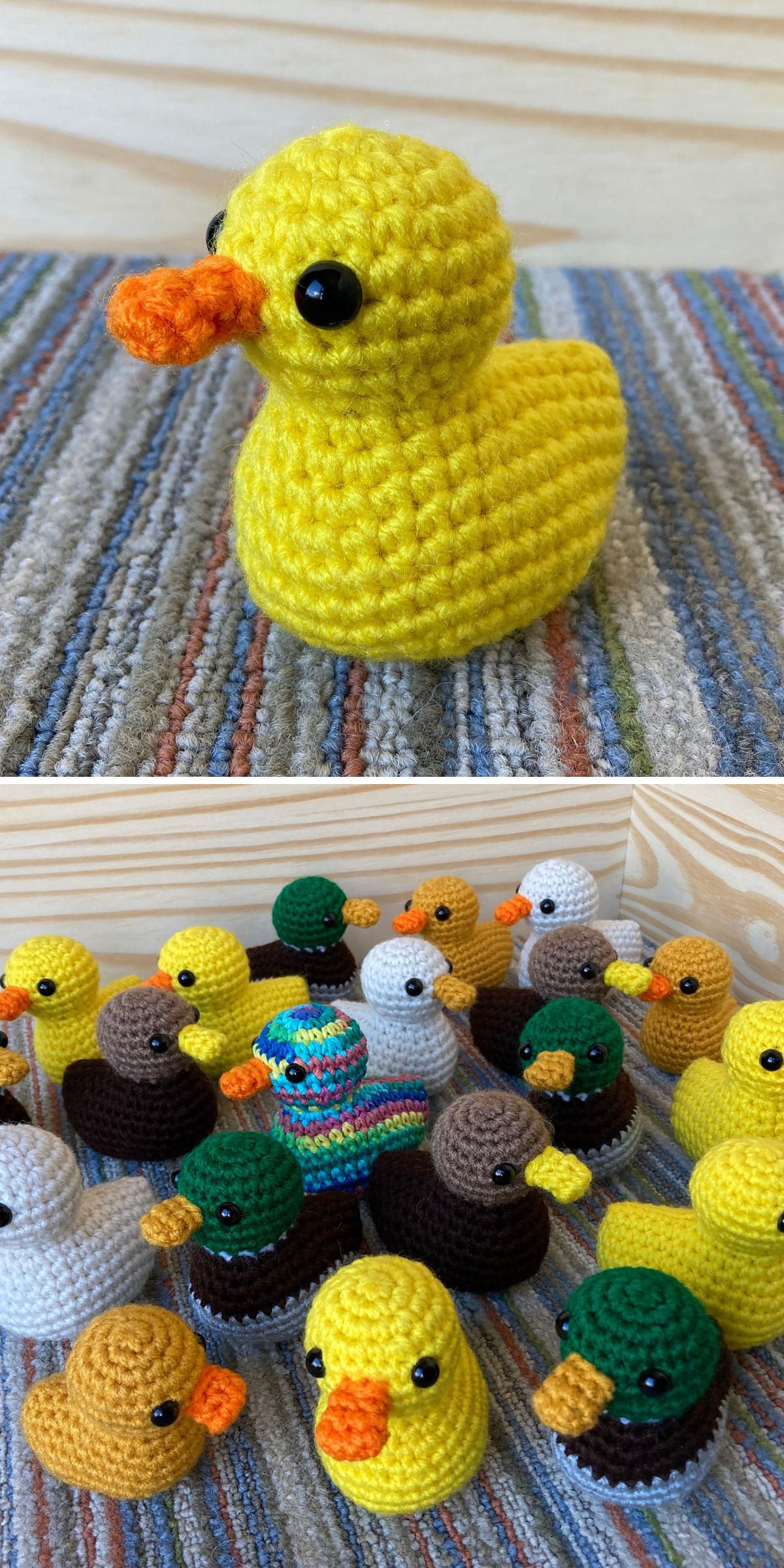 Two images of crocheted ducks: the top shows a single yellow duck, while the bottom displays a group of colorful ducks arranged on a striped surface, all made using charming crochet duck patterns.