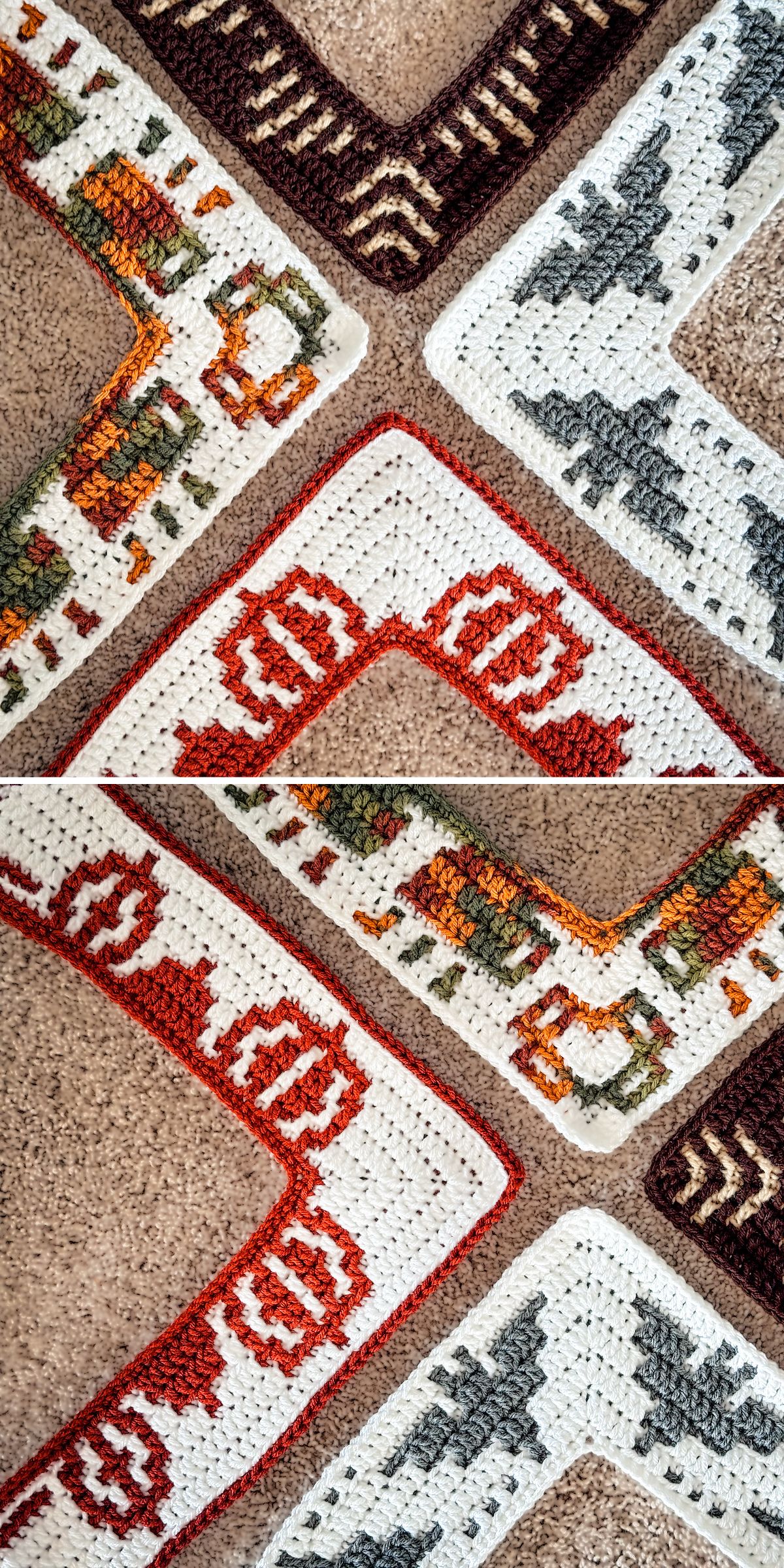 Mosaic crochet borders in fall colors with pumpkin, leaf, and geometric designs arranged in a cross layout.
