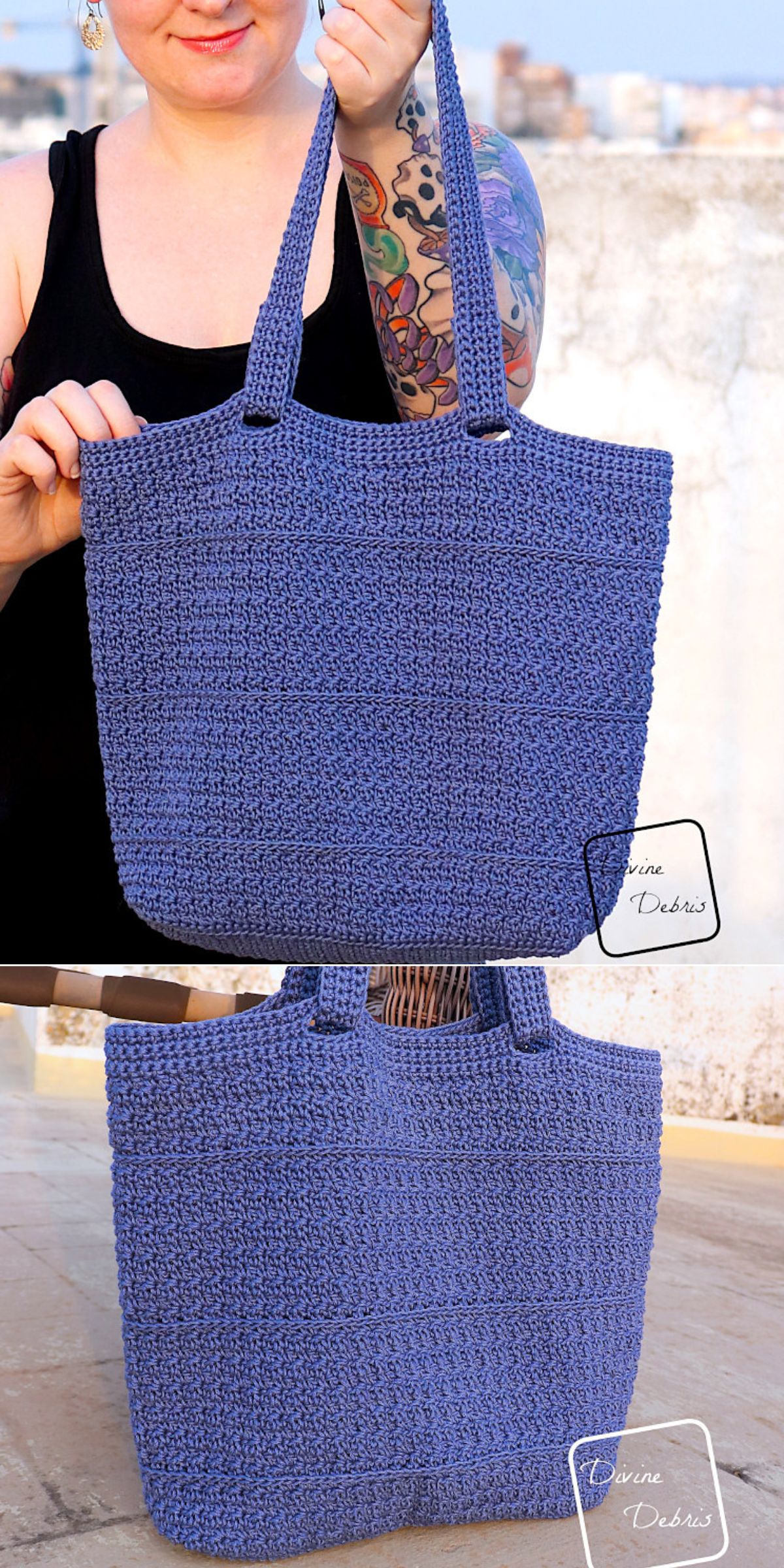 A person holds a large, hand-crocheted blue tote bag with two handles, displayed outdoors against a blurred background.
