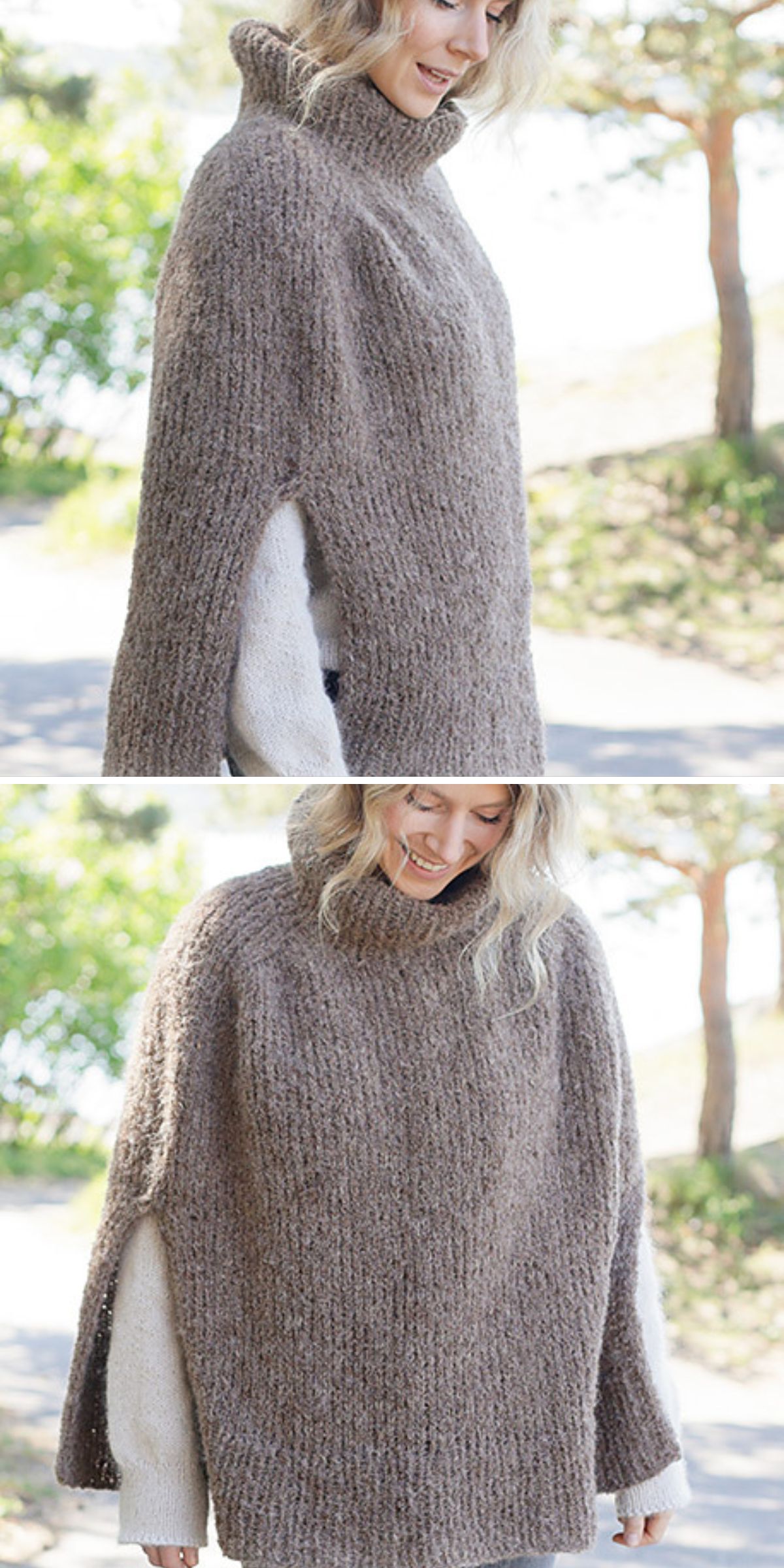 A woman stands outdoors in a sunny, green area, wearing a loose, brown knitted poncho with side openings layered over a light long-sleeve top.