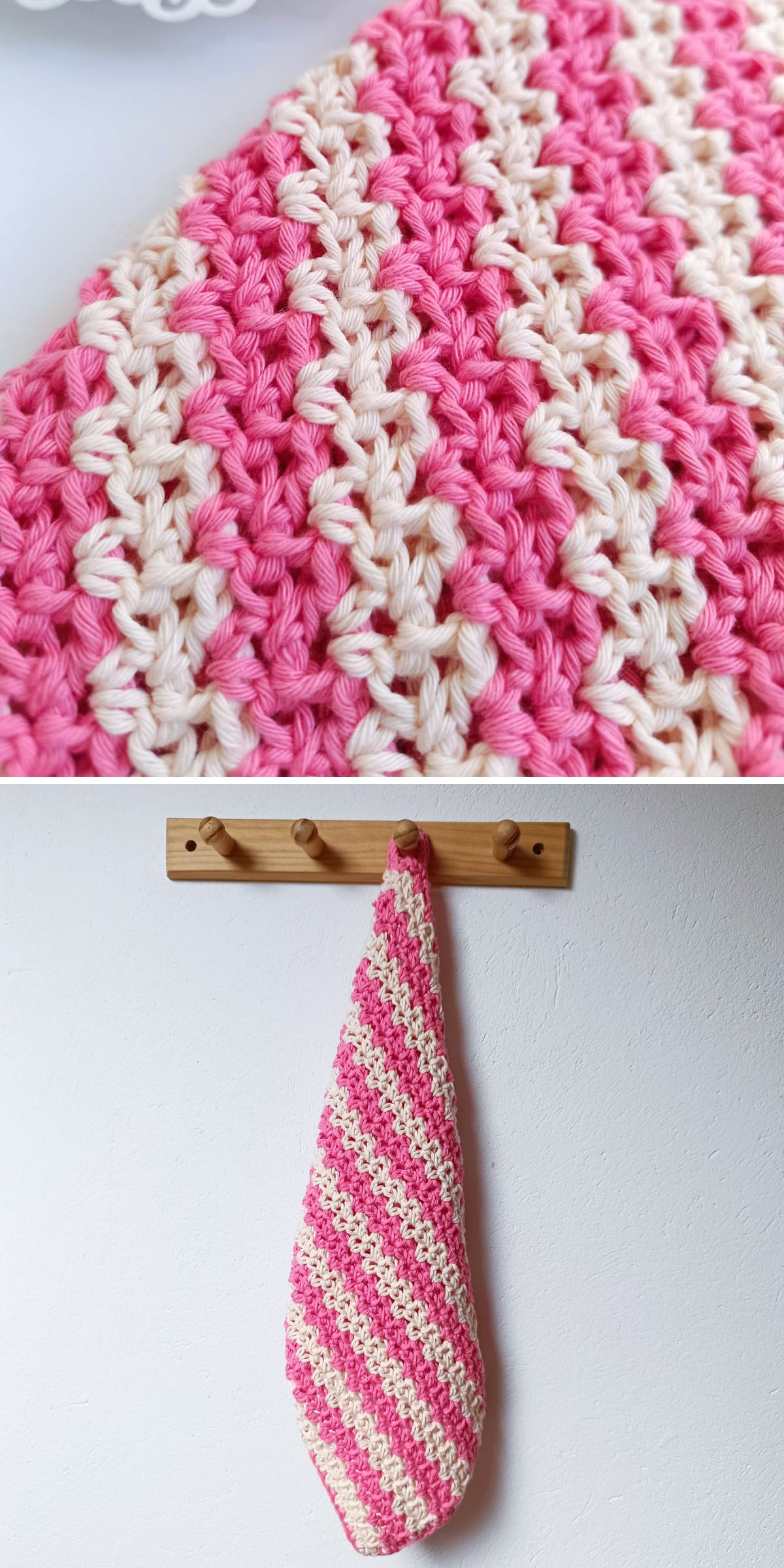 Close-up and full view of a crochet towel with diagonal pink and cream stripes hanging from a wooden peg on a white wall.