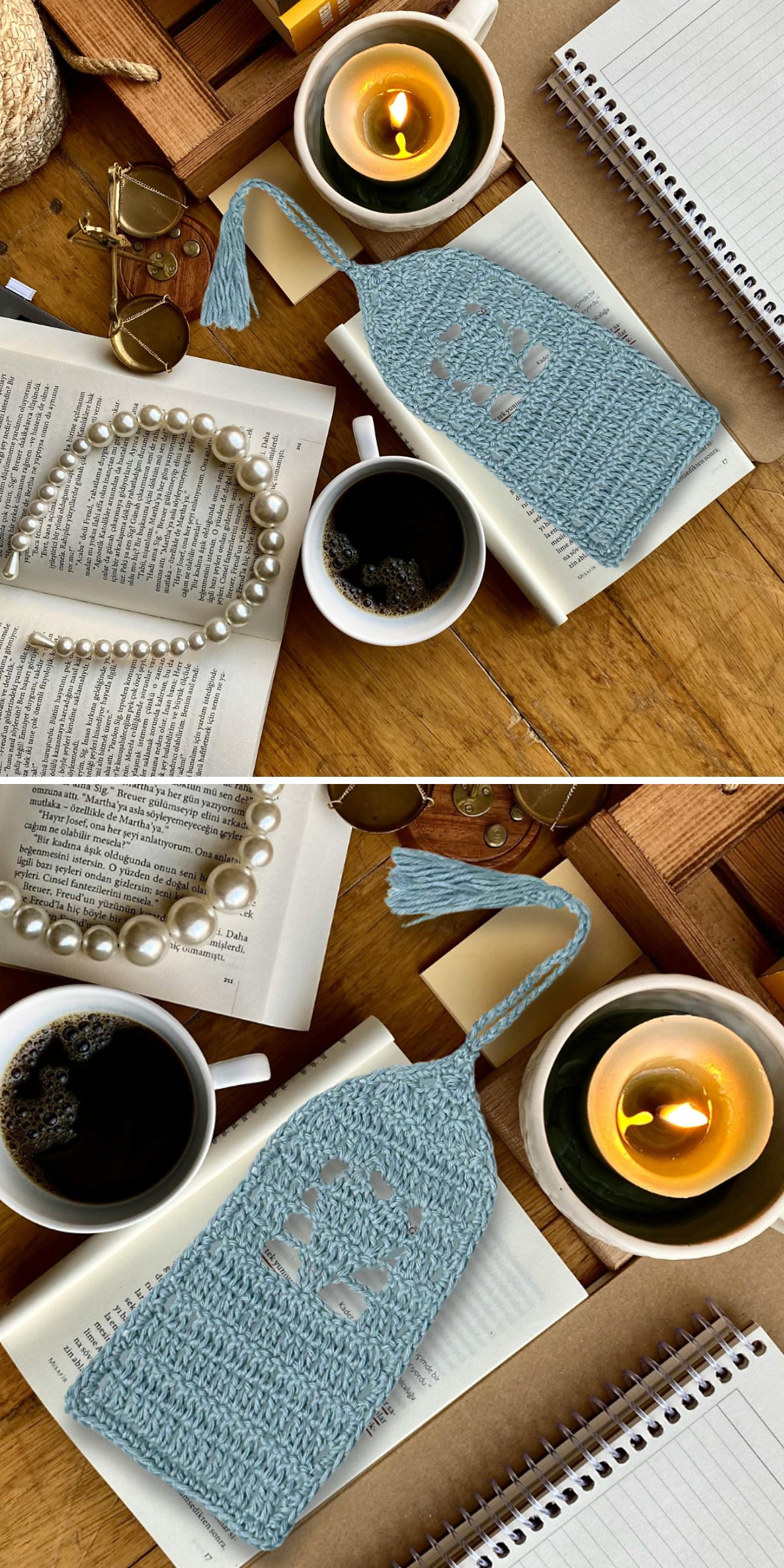 Two images show a beautiful crochet bookmark in blue resting on an open book, surrounded by a cup of coffee, a candle, a pearl necklace, eyeglasses, and notebooks on a wooden table.