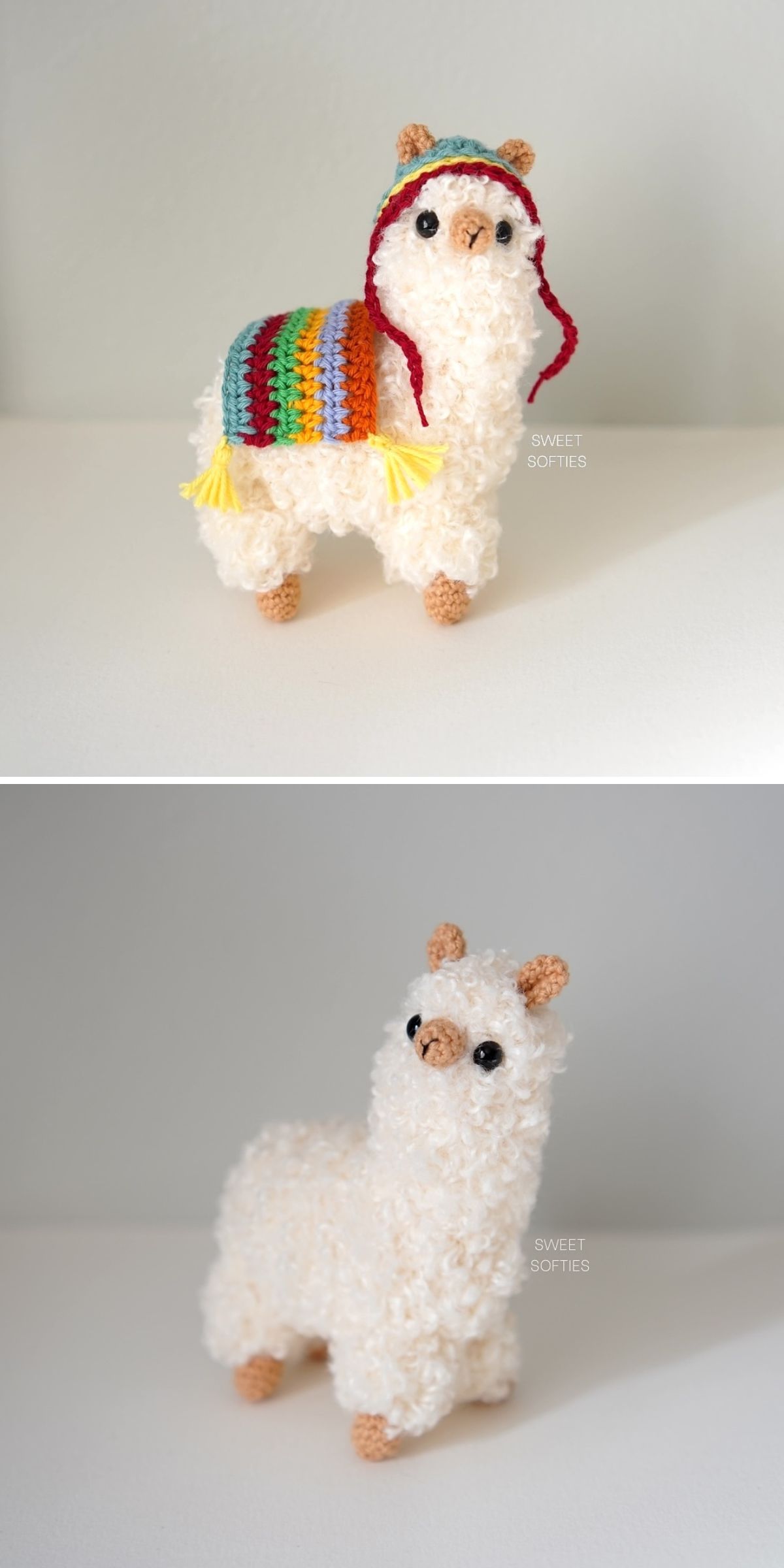 Two crochet llama plush toys; the top one wears a colorful blanket and hat, while the bottom one is plain with no accessories.