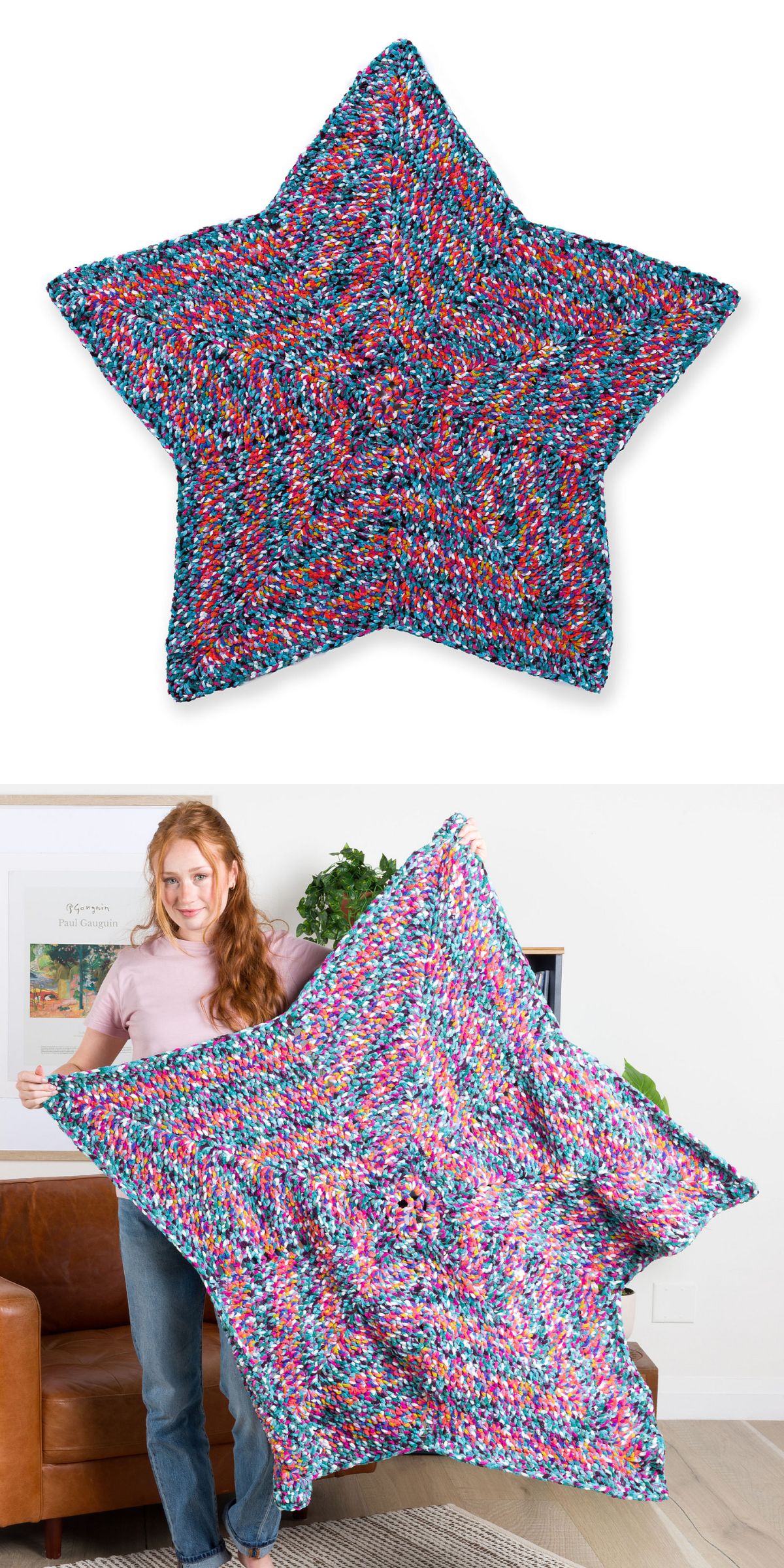 A vibrant crocheted star-shaped blanket is displayed; in the second image, a person holds the blanket open, showcasing its colorful design in a cozy living room setting.