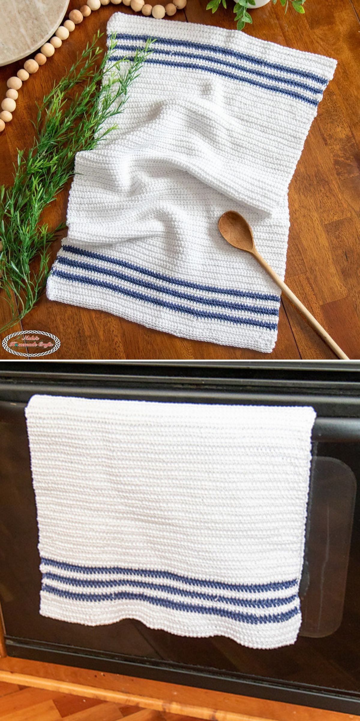 White crochet kitchen towel with blue stripes made using thermal stitch, displayed on a wooden table and hanging on an oven door.
