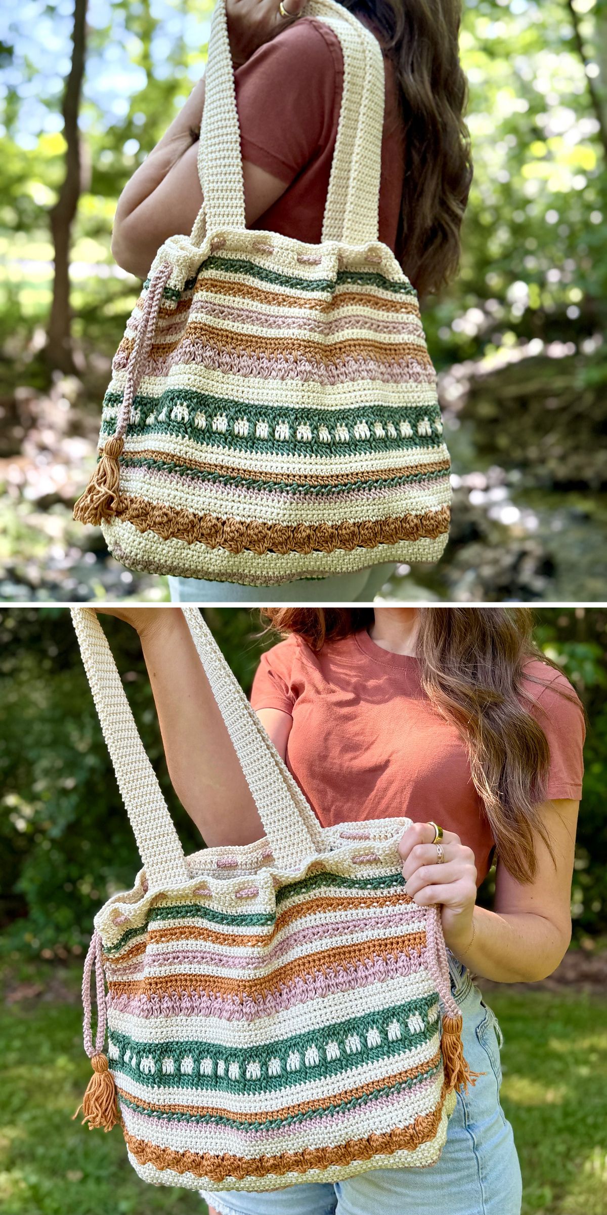 Woman holding a large crochet bag with horizontal stripes in cream, beige, brown, and green. The bag has two handles and a tassel on the side.