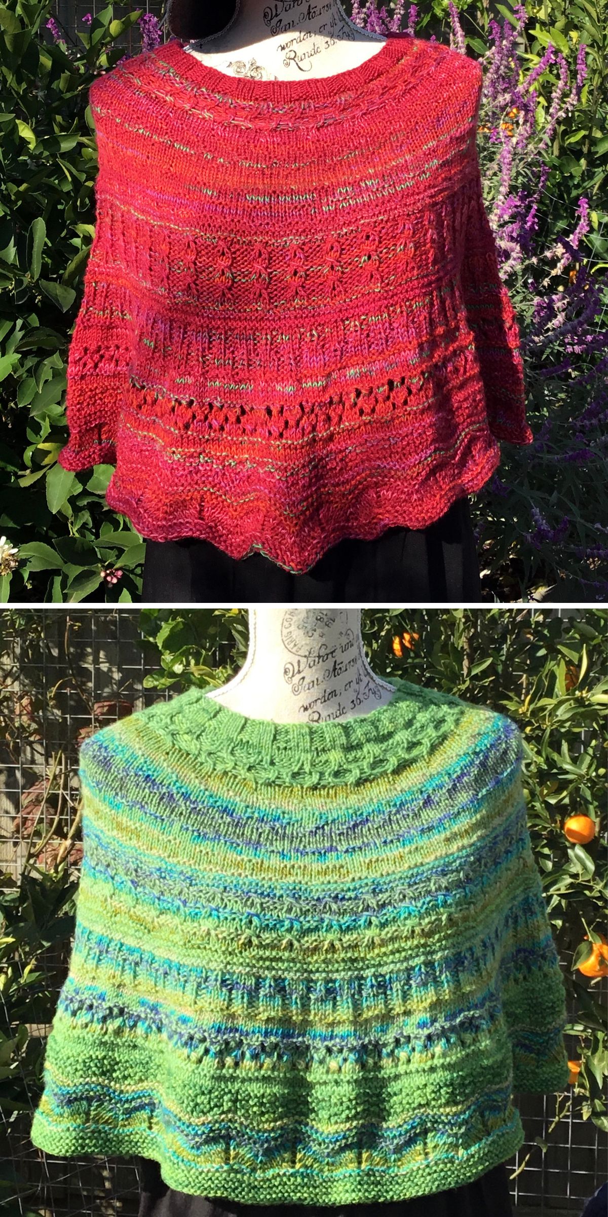 two knit ponchos in red and green colors