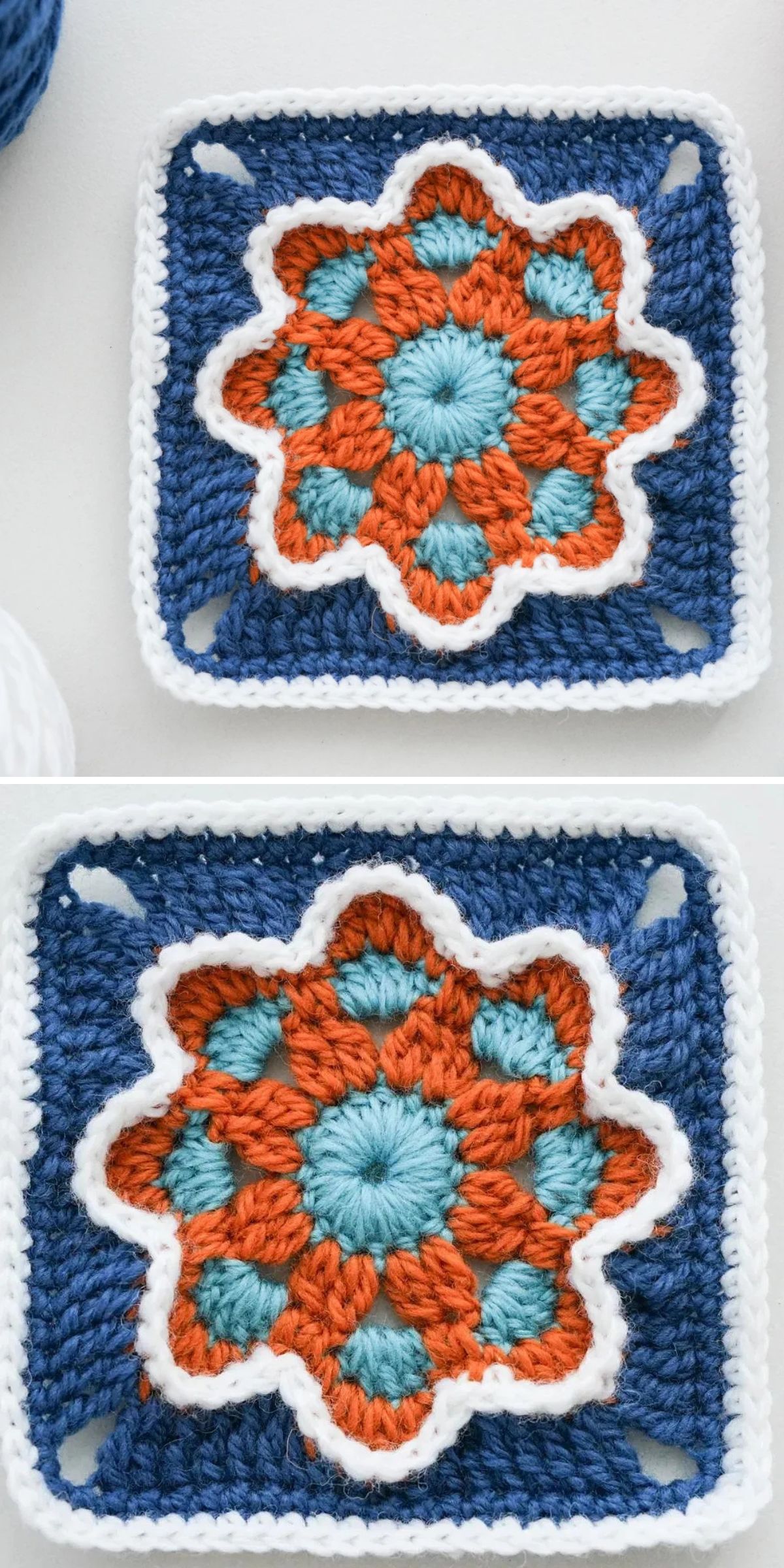 Two Crochet Flower Squares featuring a central light blue circle, an orange floral pattern, and a blue and white border.