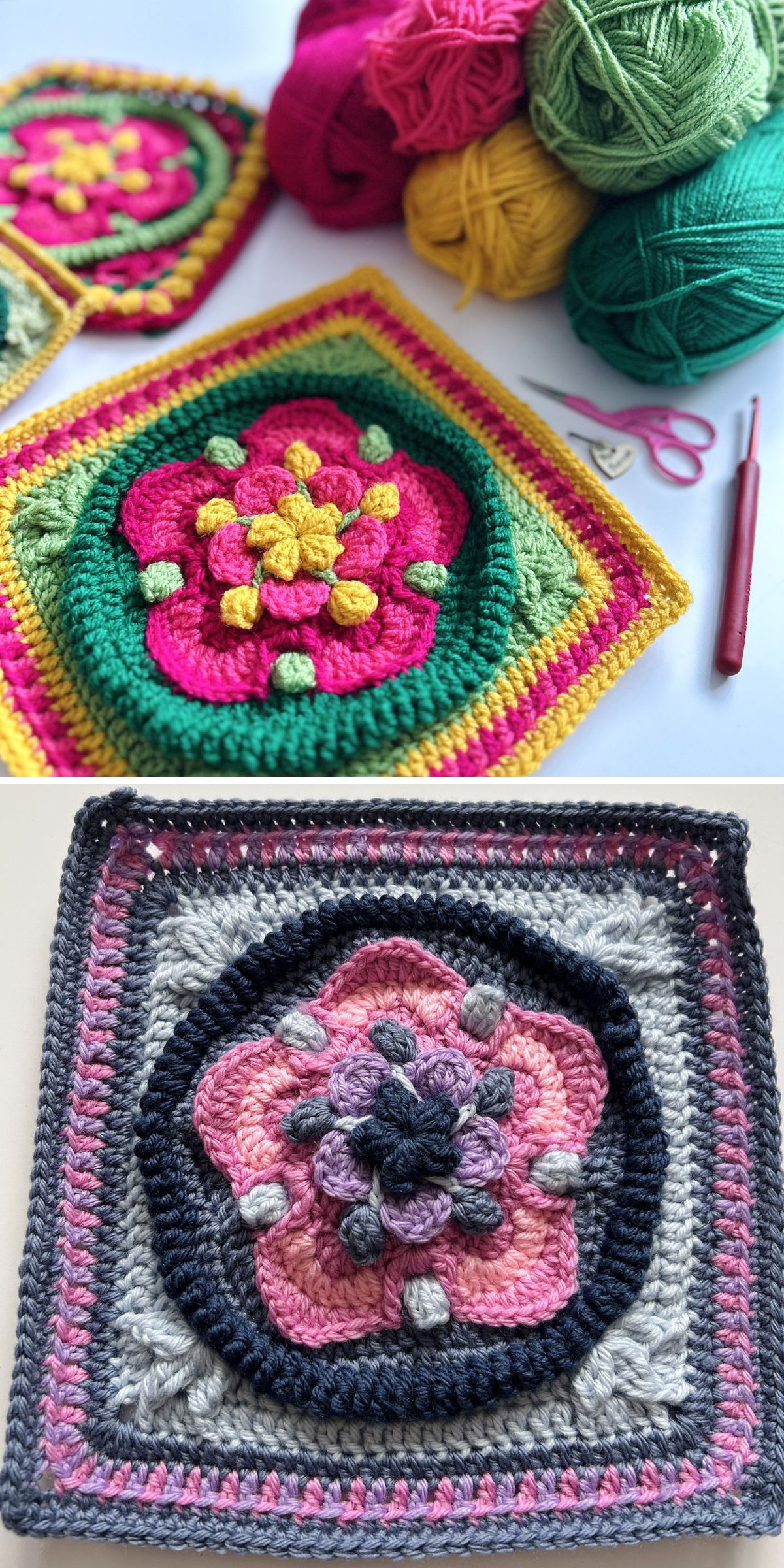Two Crochet Flower Square motifs with layered floral designs; top image displays colorful yarn balls and tools, while the bottom image features a finished motif in pink, gray, and purple shades.