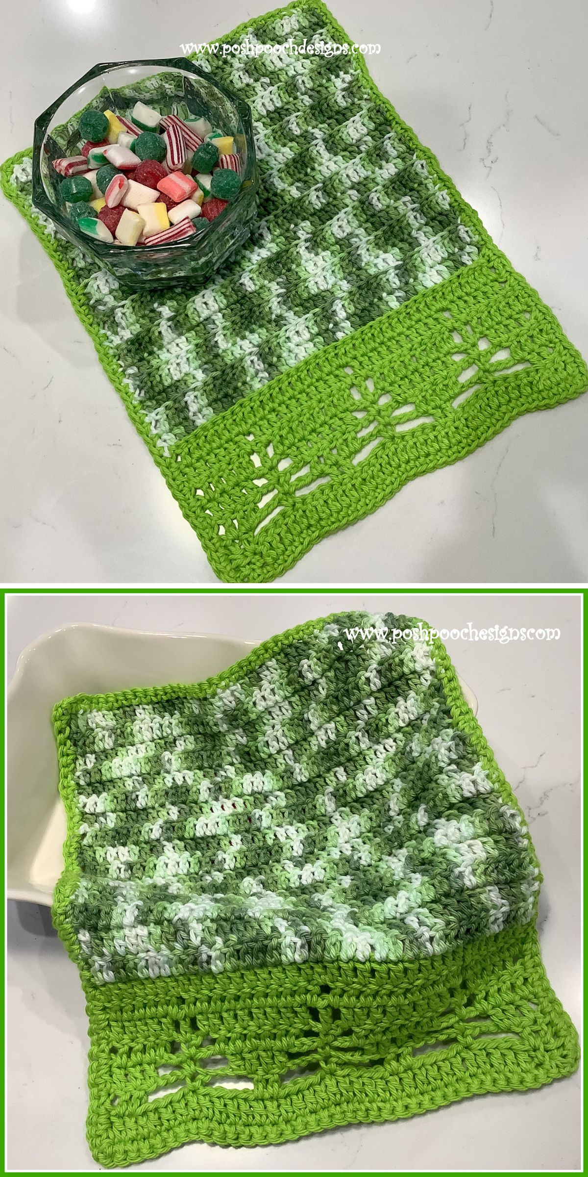 Two images show a green and white crochet towel dishcloth with a decorative border, displayed on a white surface; one image includes a glass bowl of assorted candies.