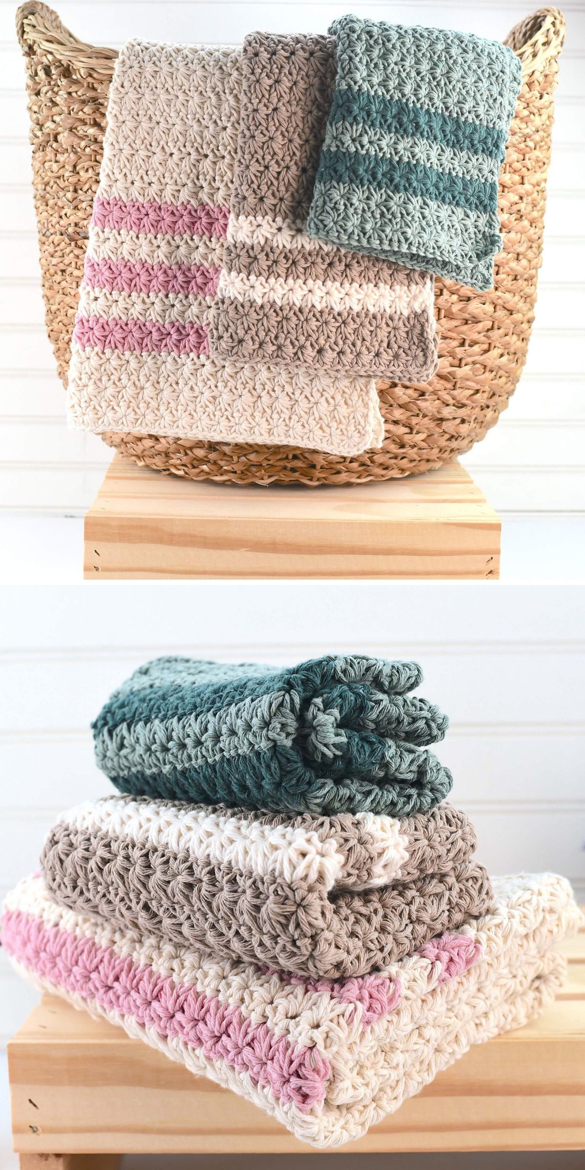 Four crochet towels in neutral and pastel shades are displayed, draped over a wicker basket and stacked on a wooden surface.