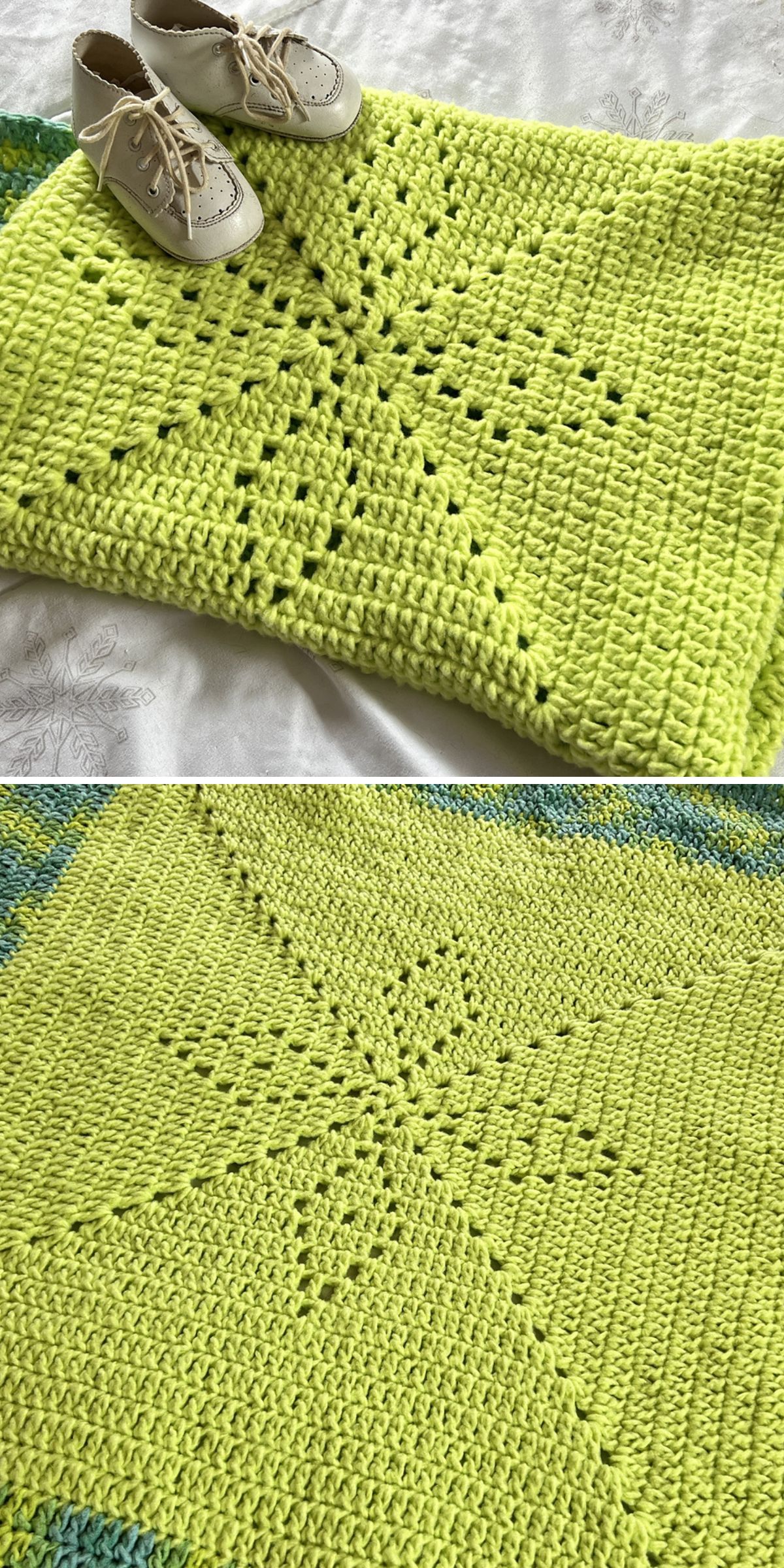 Two photos show a yellow-green filet crochet baby blanket with a diamond pattern, displayed on a bed. A pair of small white baby shoes rests on top of the blanket in the first photo.