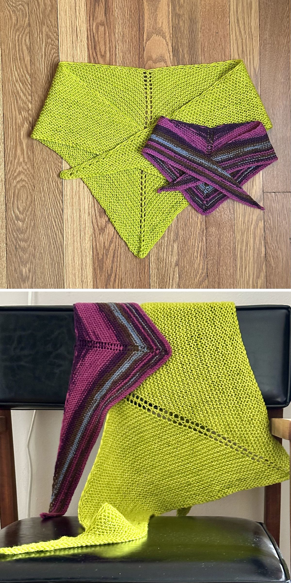 Two images show a bright yellow knitted bandanas with a striped purple and gray edge, styled like modern knitted bandanas and kerchiefs, displayed on a wood floor and draped over a black chair.