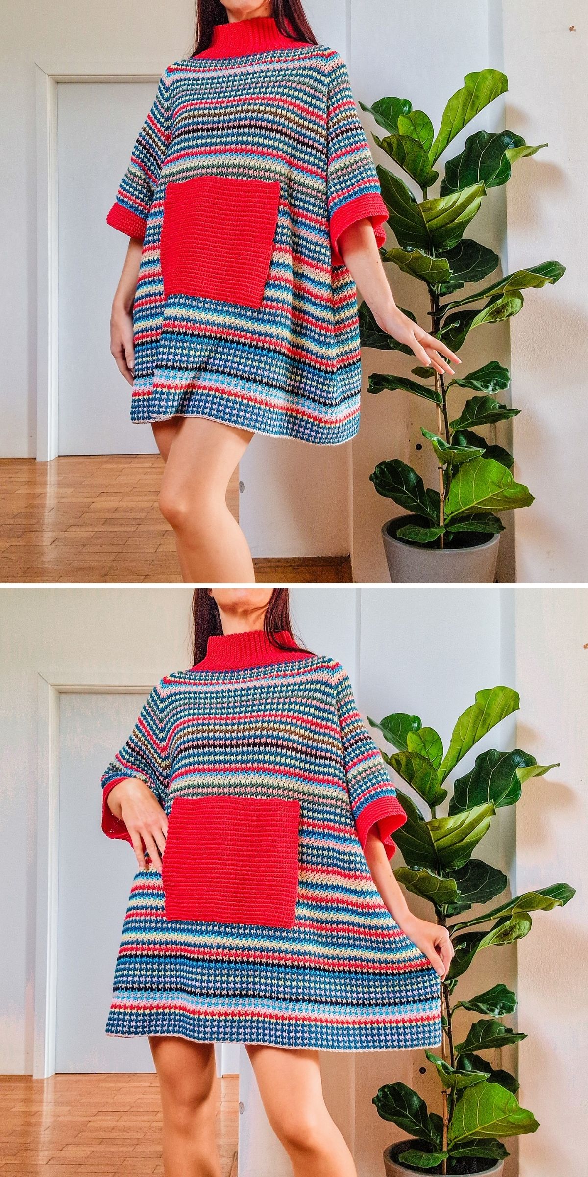 A person models a loose, multicolored crochet dress with a large red front pocket, standing indoors near a tall potted plant.