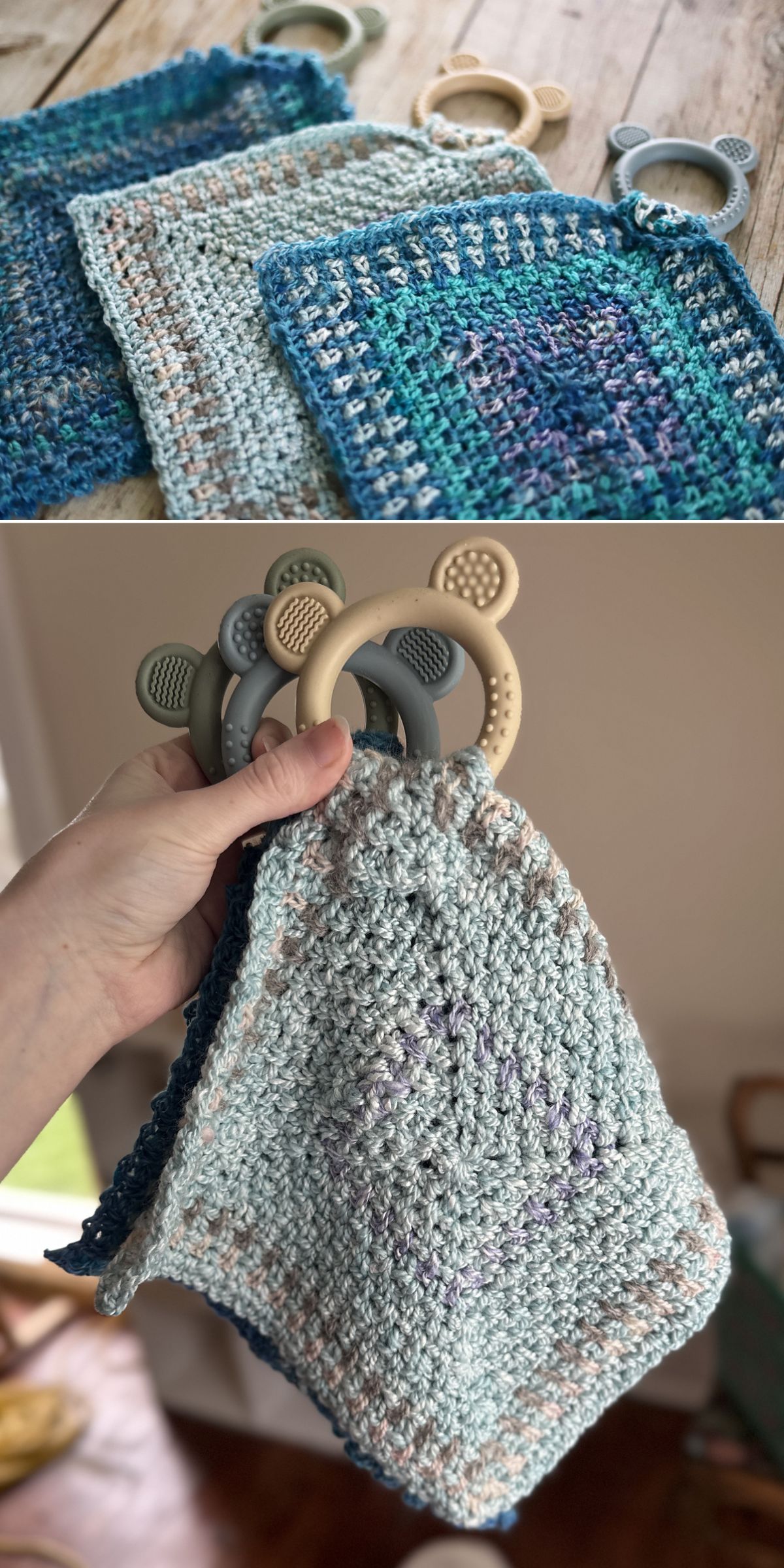 Two crochet loveys in shades of blue and green, inspired by the style of a crochet towel, are attached to textured plastic teething rings, shown folded and held in a hand.