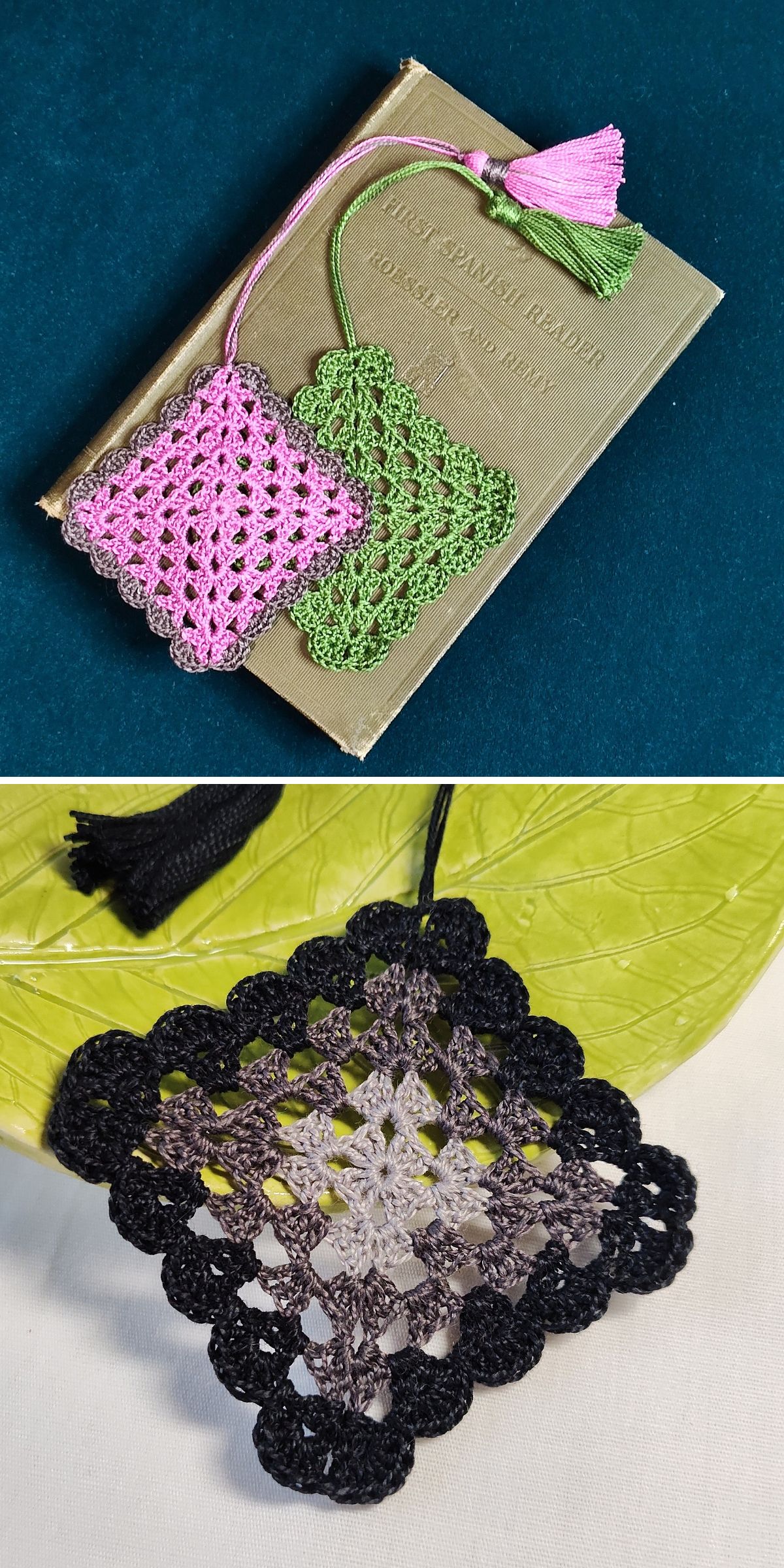 Two photos show square-shaped crochet bookmark designs in pink, green, and black-gray, each with tassels. They're displayed on a book and a green ceramic leaf dish.