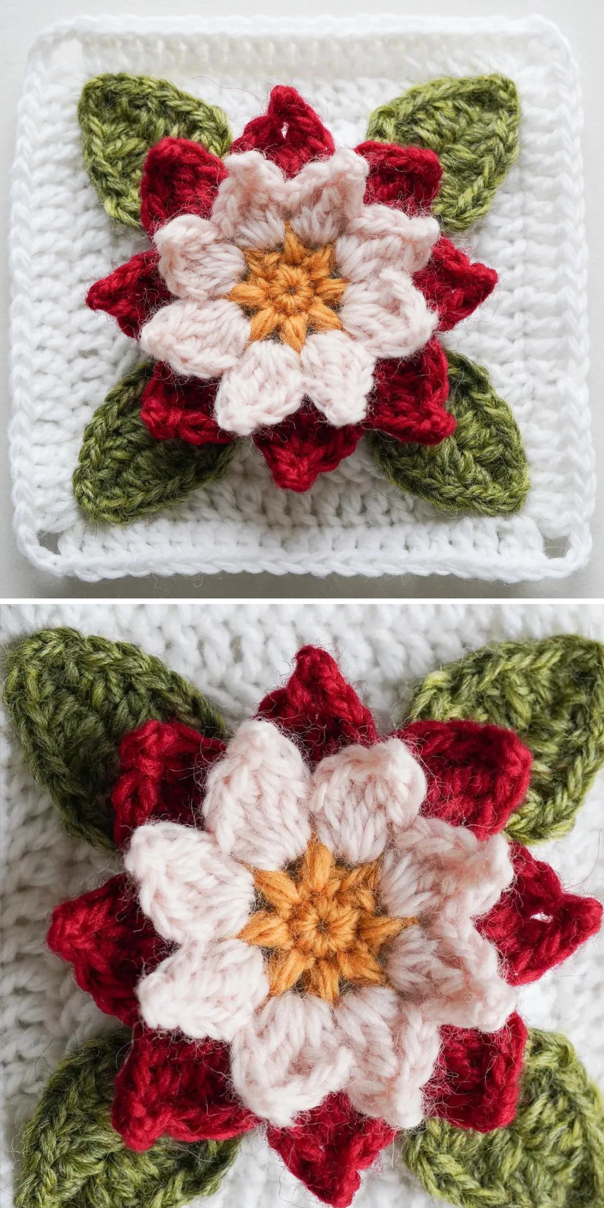 Crocheted square featuring a three-dimensional flower with red, white, and yellow petals and four green leaves on a white background.