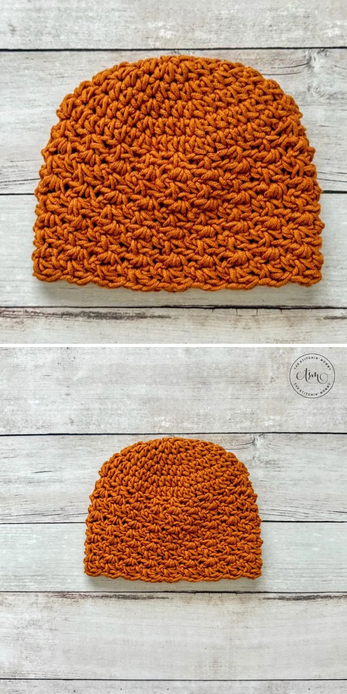 Two images of an orange crochet baby hat are shown against a light wooden background. The beanie features a simple, textured stitch pattern.