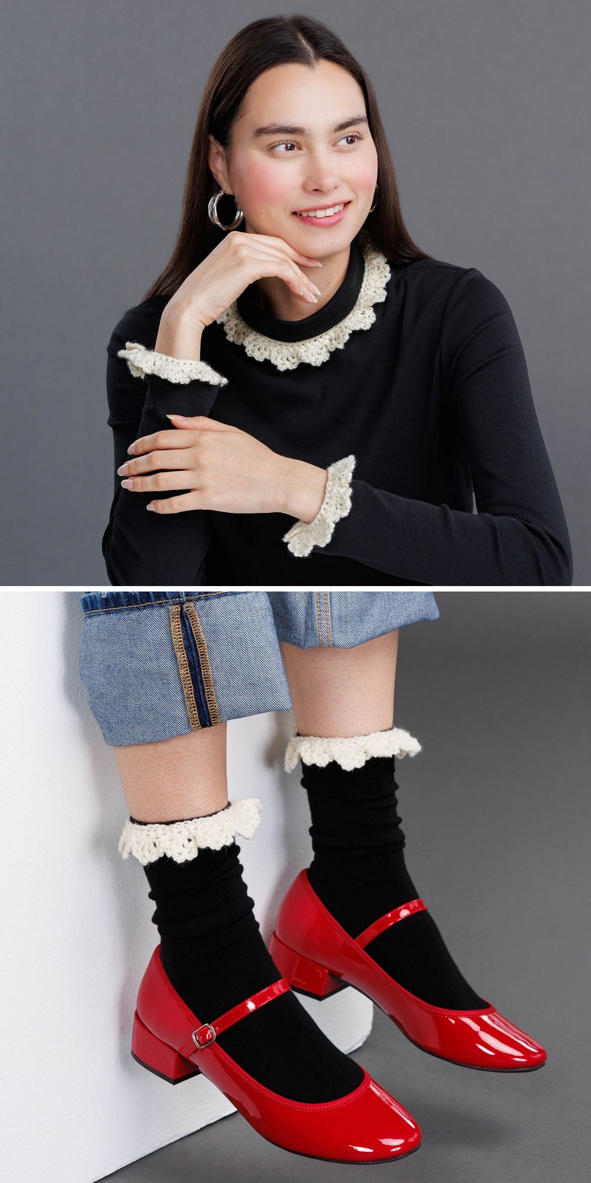 A woman wears a black top with white ruffled trim reminiscent of crochet stitch, paired with cropped jeans, black socks with matching ruffles, and red Mary Jane shoes.