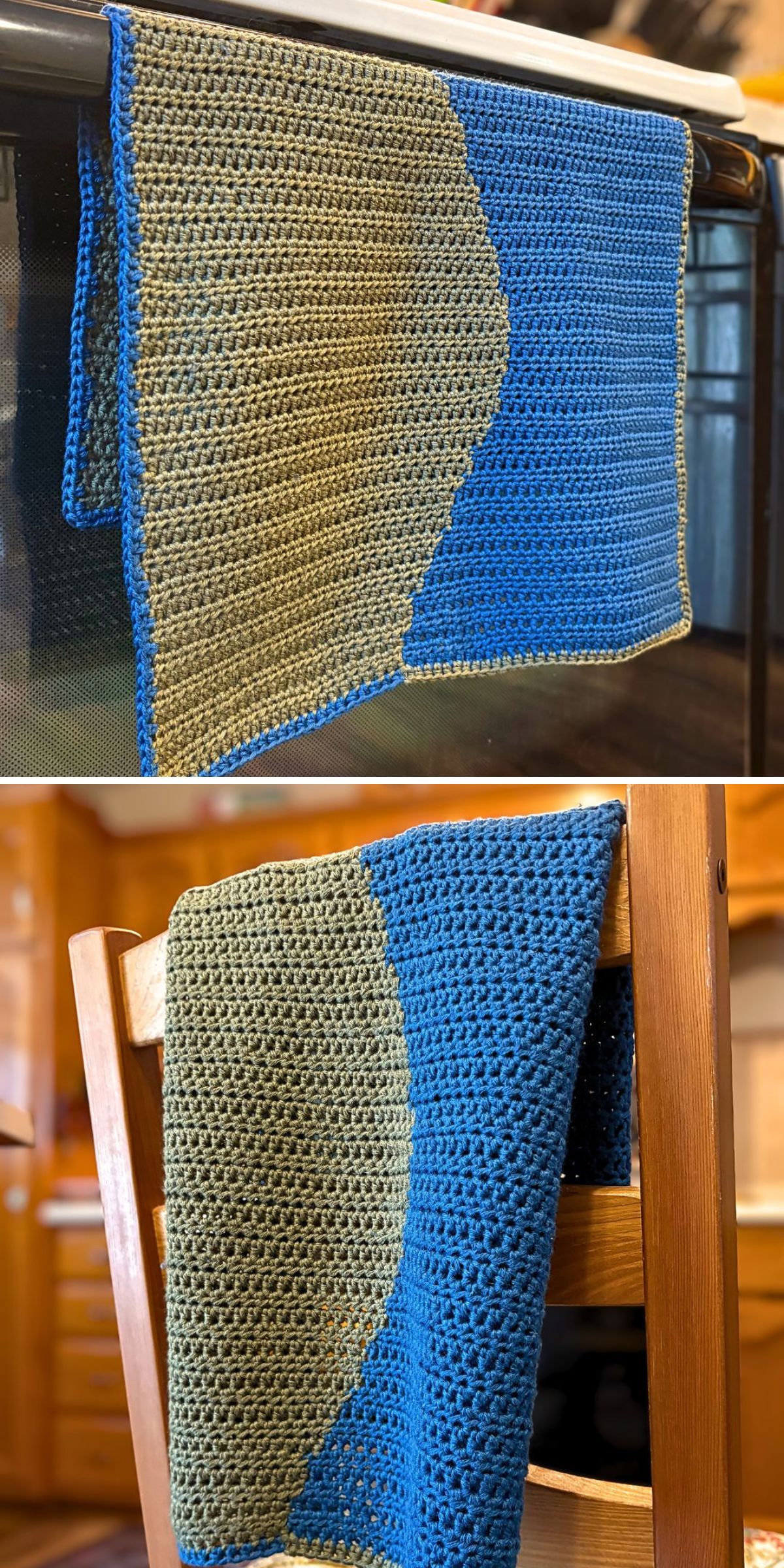 A rectangular crochet towel in blue and green is draped over an oven handle and a chair back, adding a cozy touch to the kitchen setting.