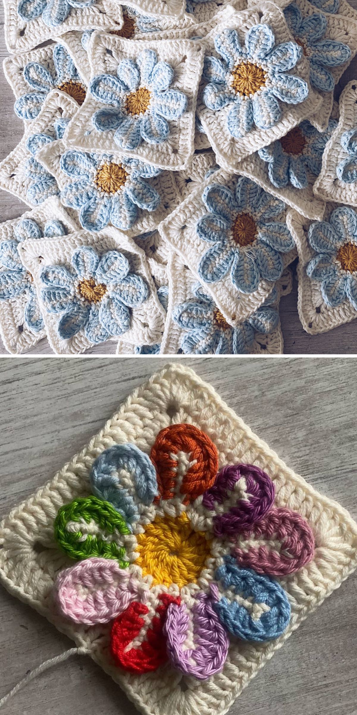 Two crochet squares: The top features multiple squares with blue and white flowers, while the bottom shows a single square with a colorful flower on a light background.