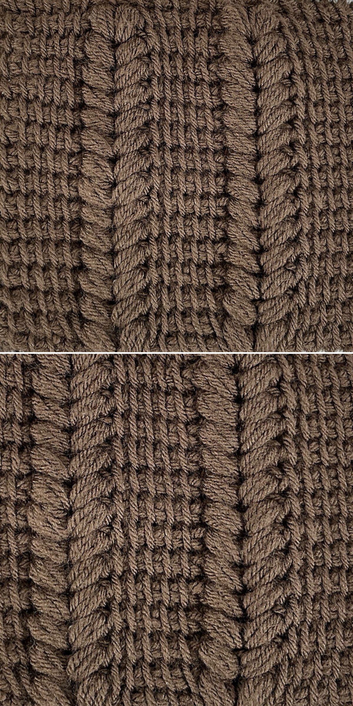 Close-up view of brown ribbed crochet fabric with vertical textured lines and a woven yarn pattern reminiscent of a crochet stitch.