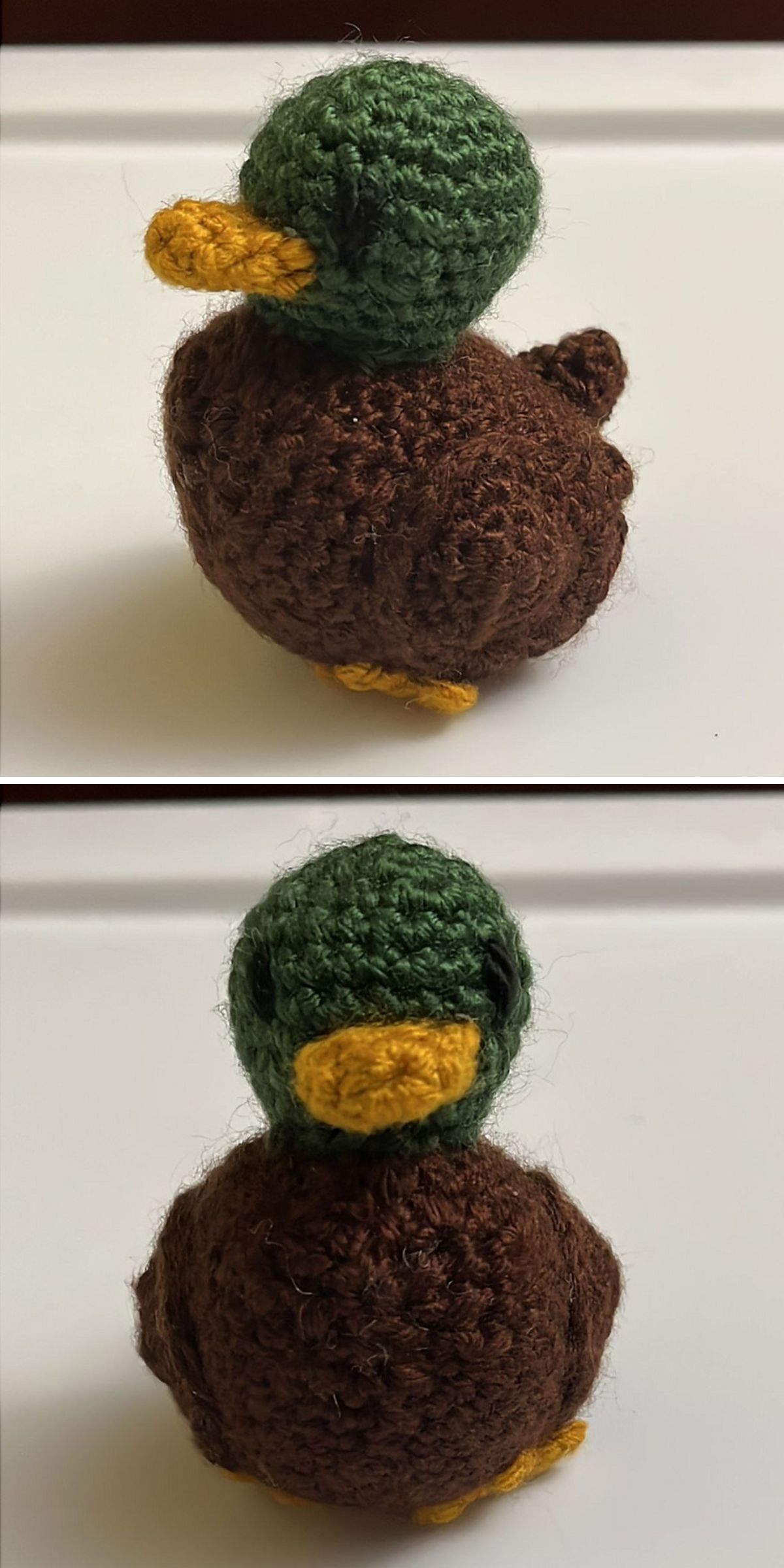 Two views of a crocheted duck with a green head, brown body, yellow beak and feet are shown on a white background. Perfect for those who love Crochet Duck Patterns.