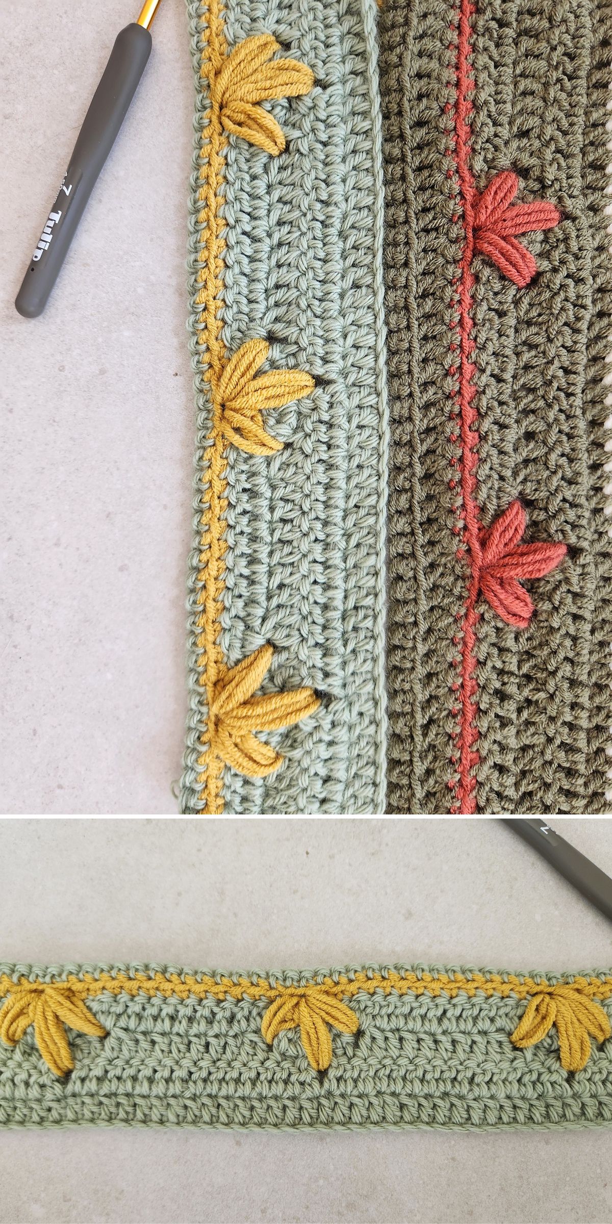 Crochet Wanderleaf stitch strip with textured 3D leaf motifs in mustard, green, and red tones on a neutral background.