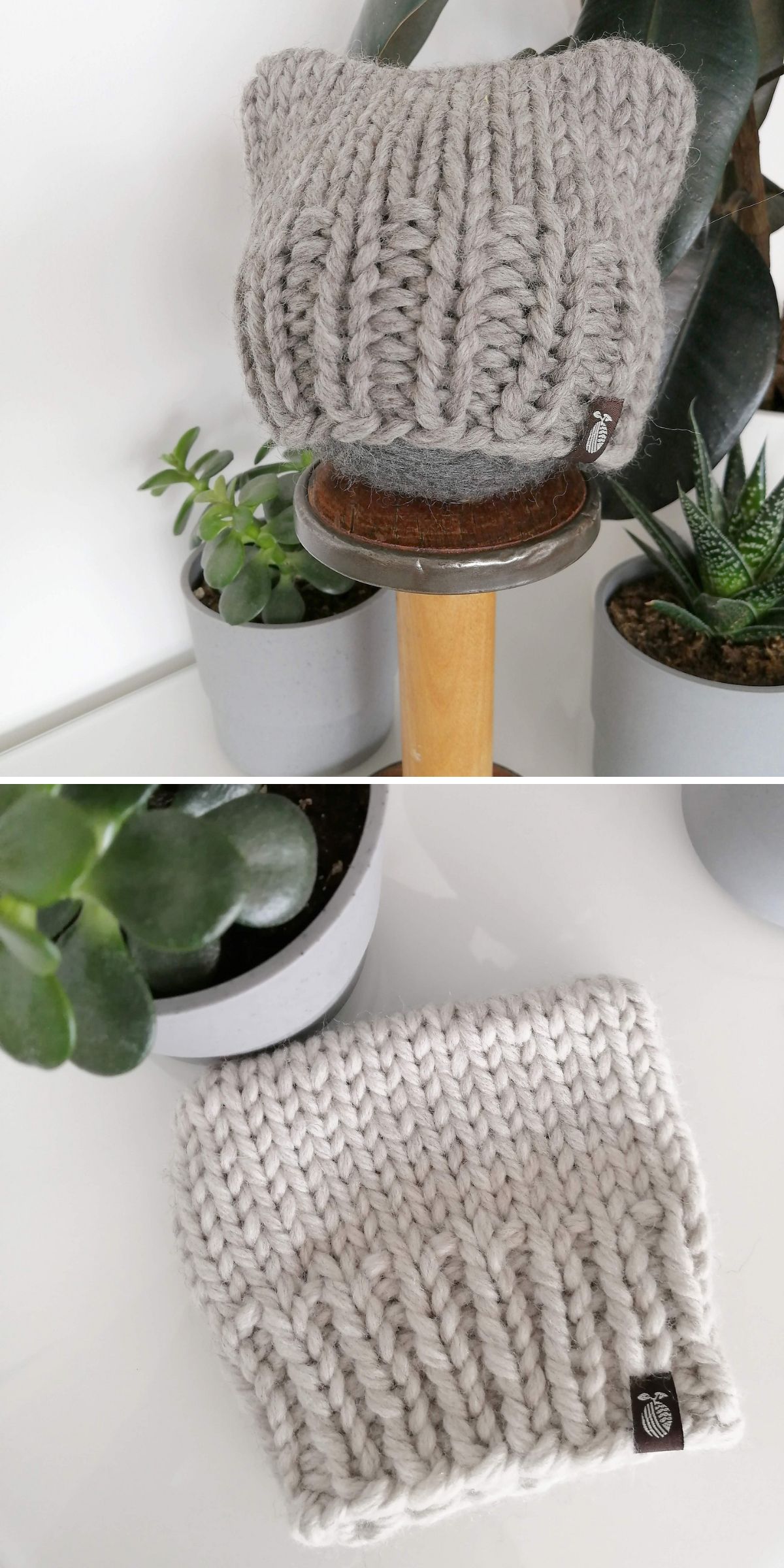 A chunky knit gray beanie, perfect as a cozy knit baby hat, displayed on a stand with potted plants in the background; second image shows the beanie laid flat on a white surface.