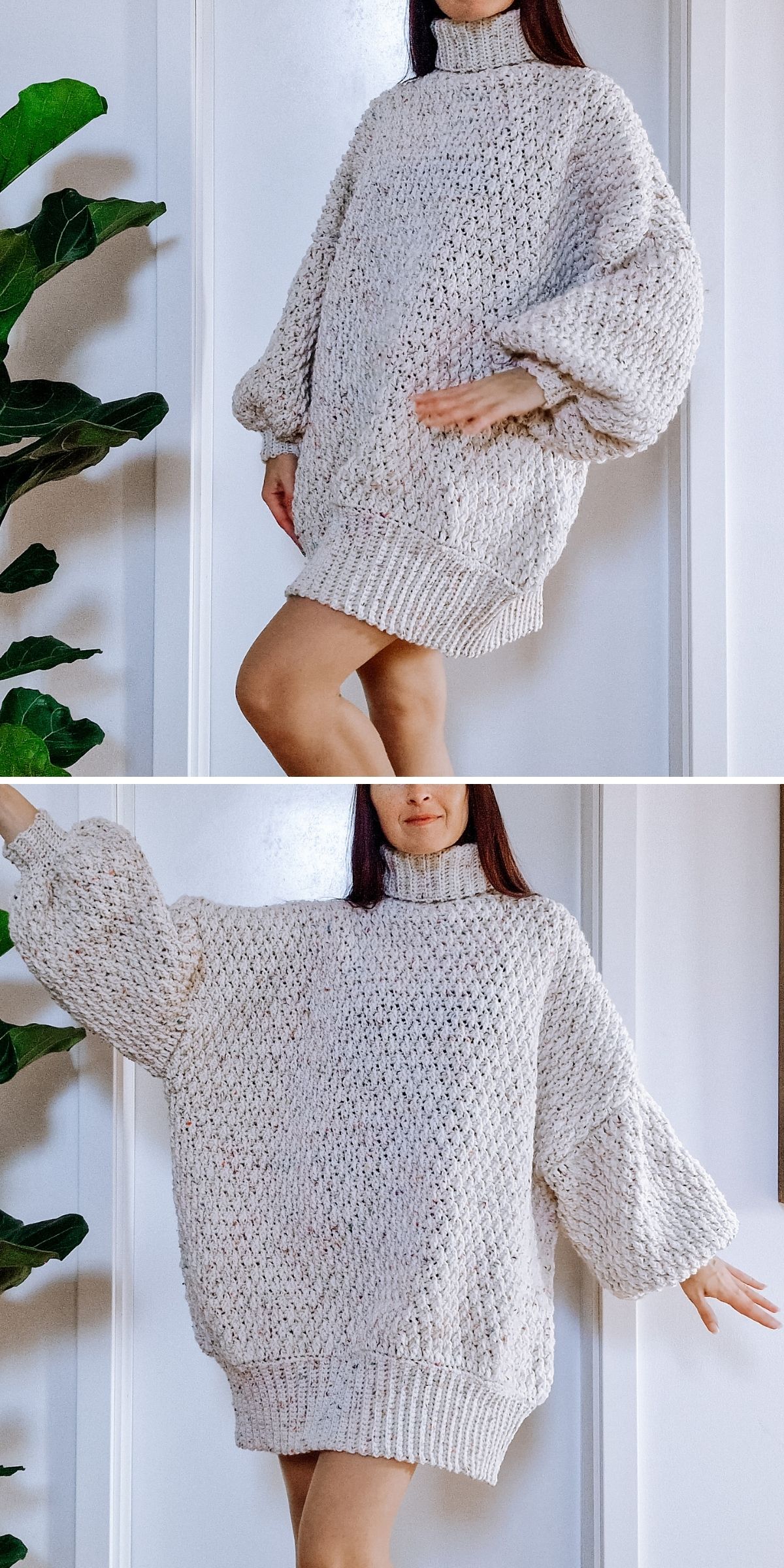 A person wearing a loose, cream-colored crochet dress with long sleeves stands indoors near a green plant.