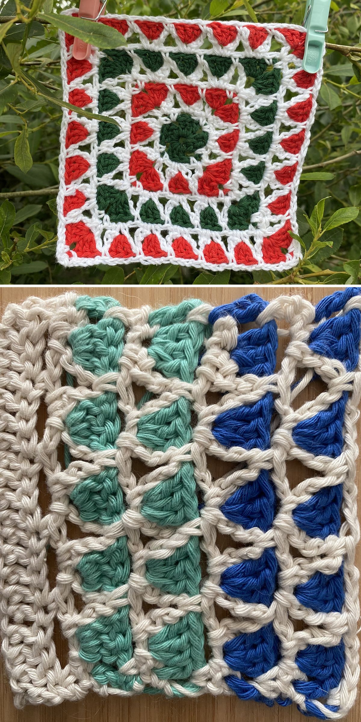 Crochet framed shells stitch samples in red, green, white, teal, blue, and cream yarn, showing openwork shell motifs in square and striped designs.