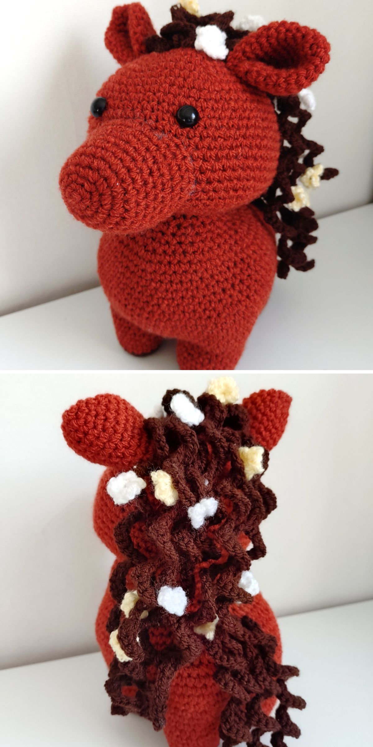 A handmade crochet horse amigurumi in red, featuring a dark brown curly mane with small white and beige accents, shown from the front and back views.