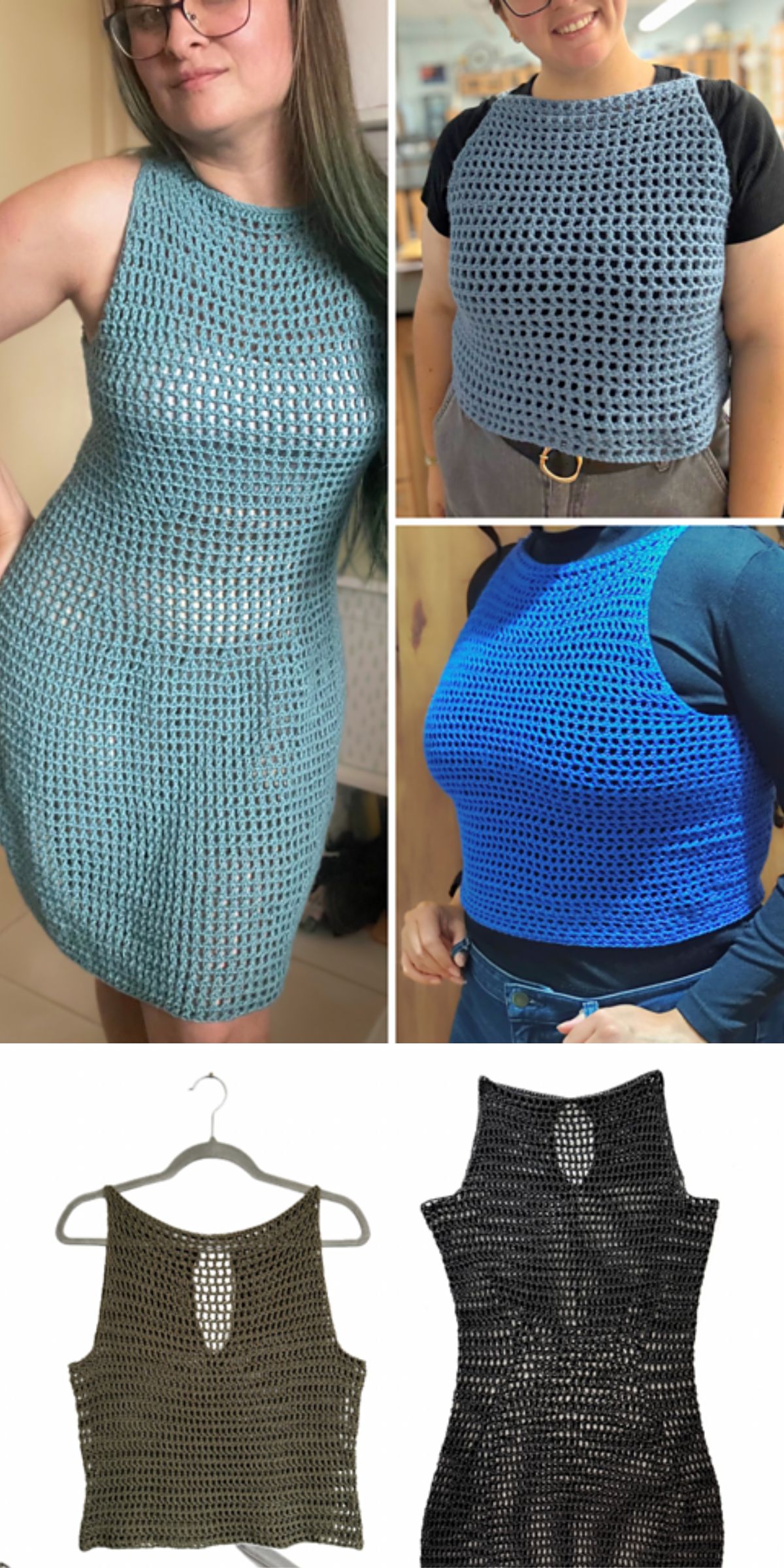 Collage featuring a crochet dress in blue, two blue crocheted tops worn by people, and two black crocheted tops displayed on hangers.