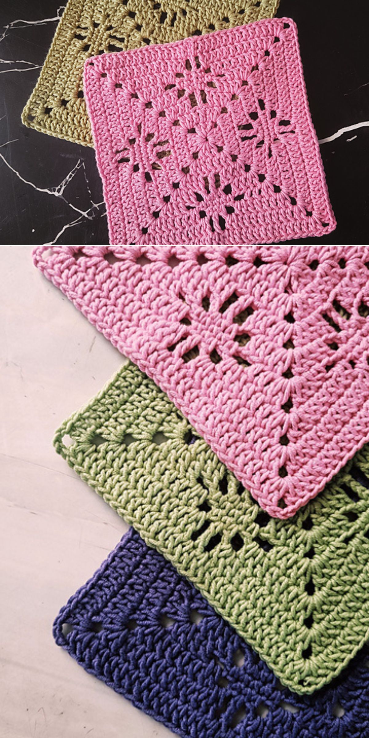 Two images showing crocheted square pieces in pink, green, and blue yarn with a lacy crochet stitch pattern, displayed on marble and plain surfaces.