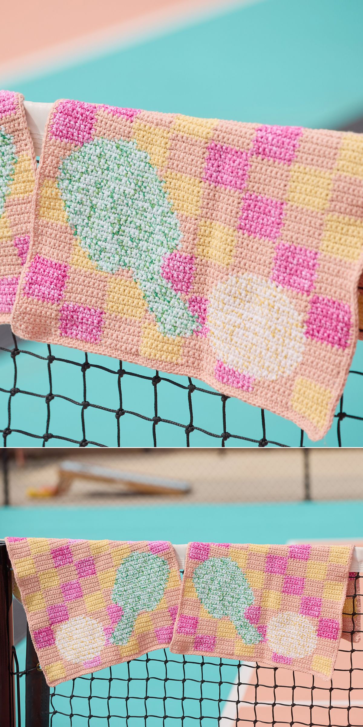 Colorful crochet pickleball towels featuring paddles and balls in a checkered pattern, draped over a tennis net.