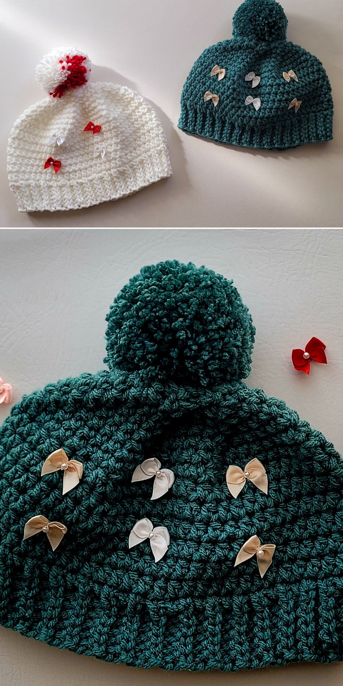 Two crochet baby hats with pom-poms are shown: one white hat with red bows and one green hat with cream bows, displayed on a flat surface.