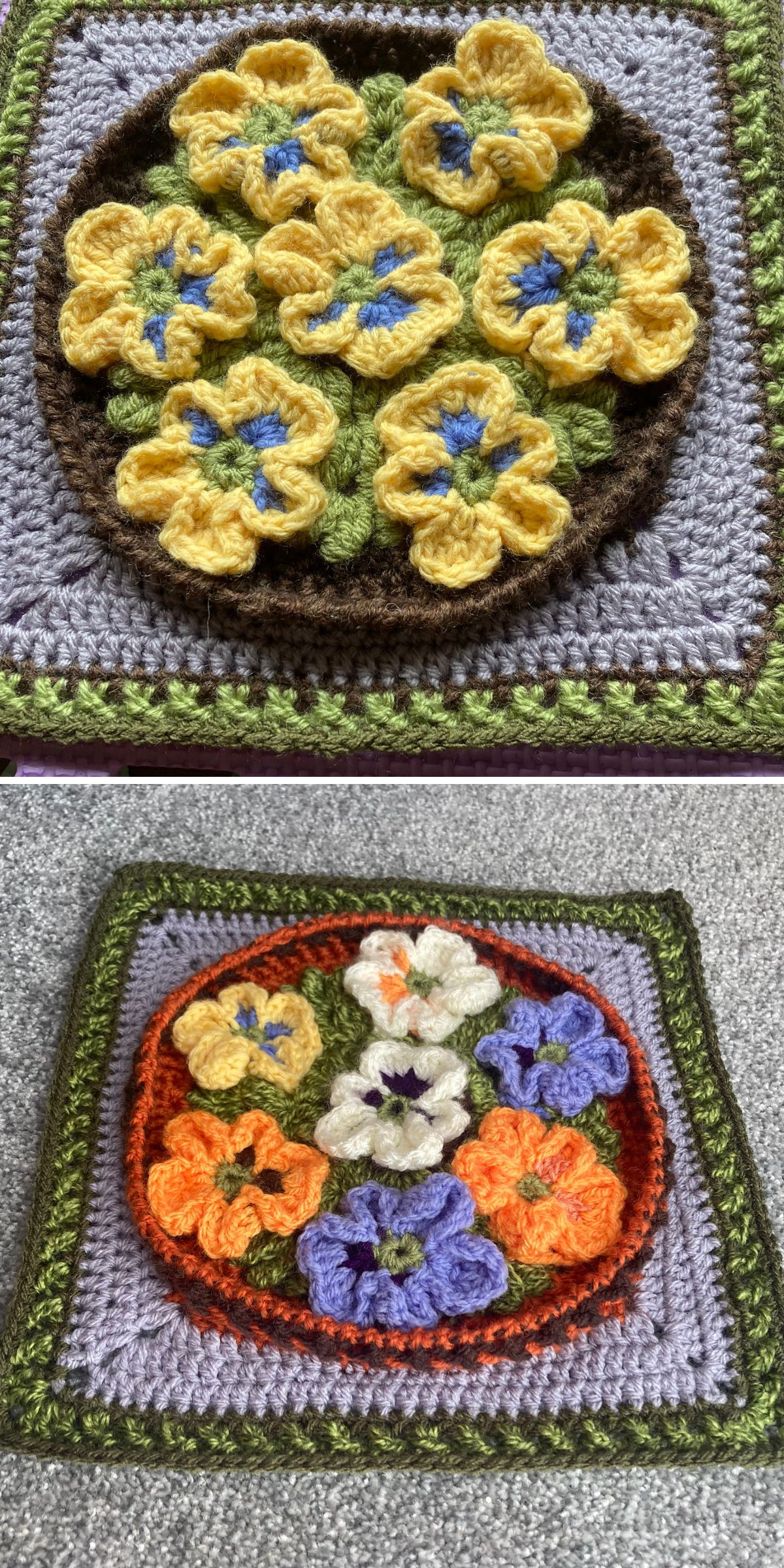Two crocheted square panels, each featuring colorful three-dimensional pansy flowers arranged on a textured background.