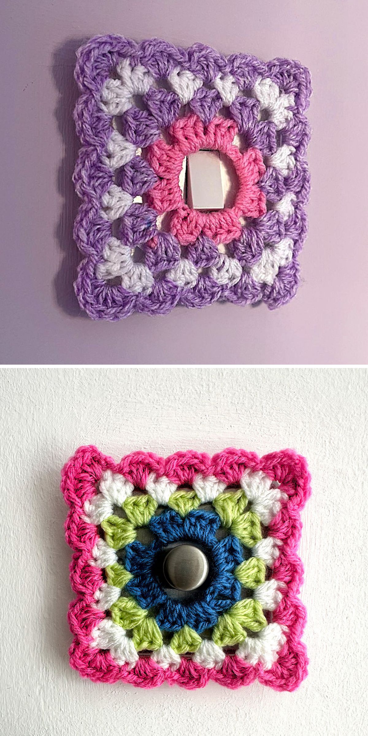Two light switches covered with colorful crochet granny square frames — perfect touches of crochet home decor; one features purple tones while the other blends pink, green, blue, and white.