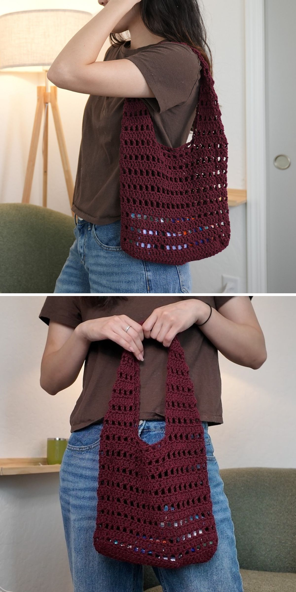A person in a brown shirt and blue jeans holds a crochet tote bag with a maroon hue, showcasing its open, lacy pattern.
