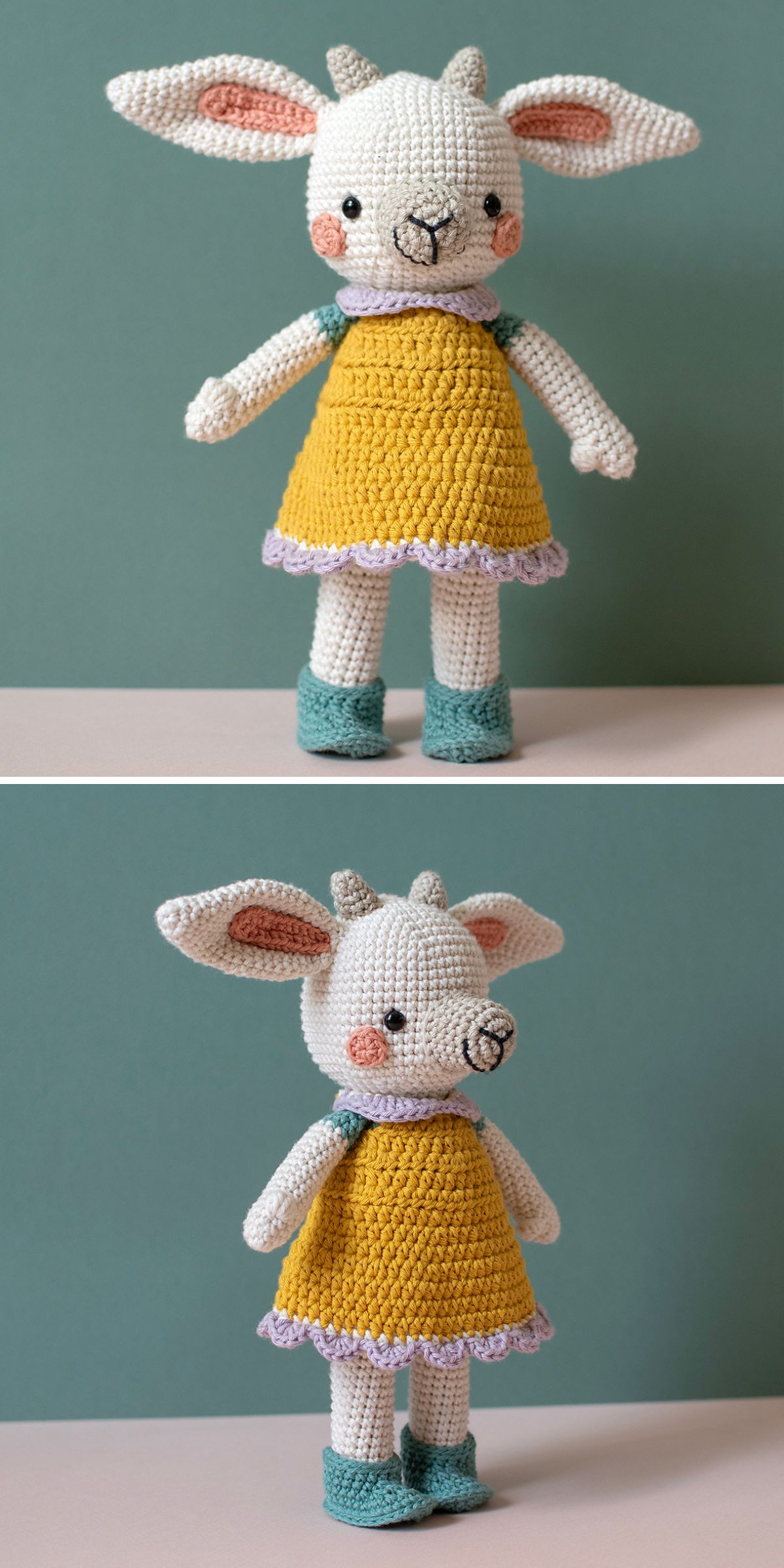 A crocheted lamb plush toy with white fur, pink cheeks, and horns—similar in charm to a crochet llama—wears a yellow dress with purple trim and blue shoes, shown from the front and side.