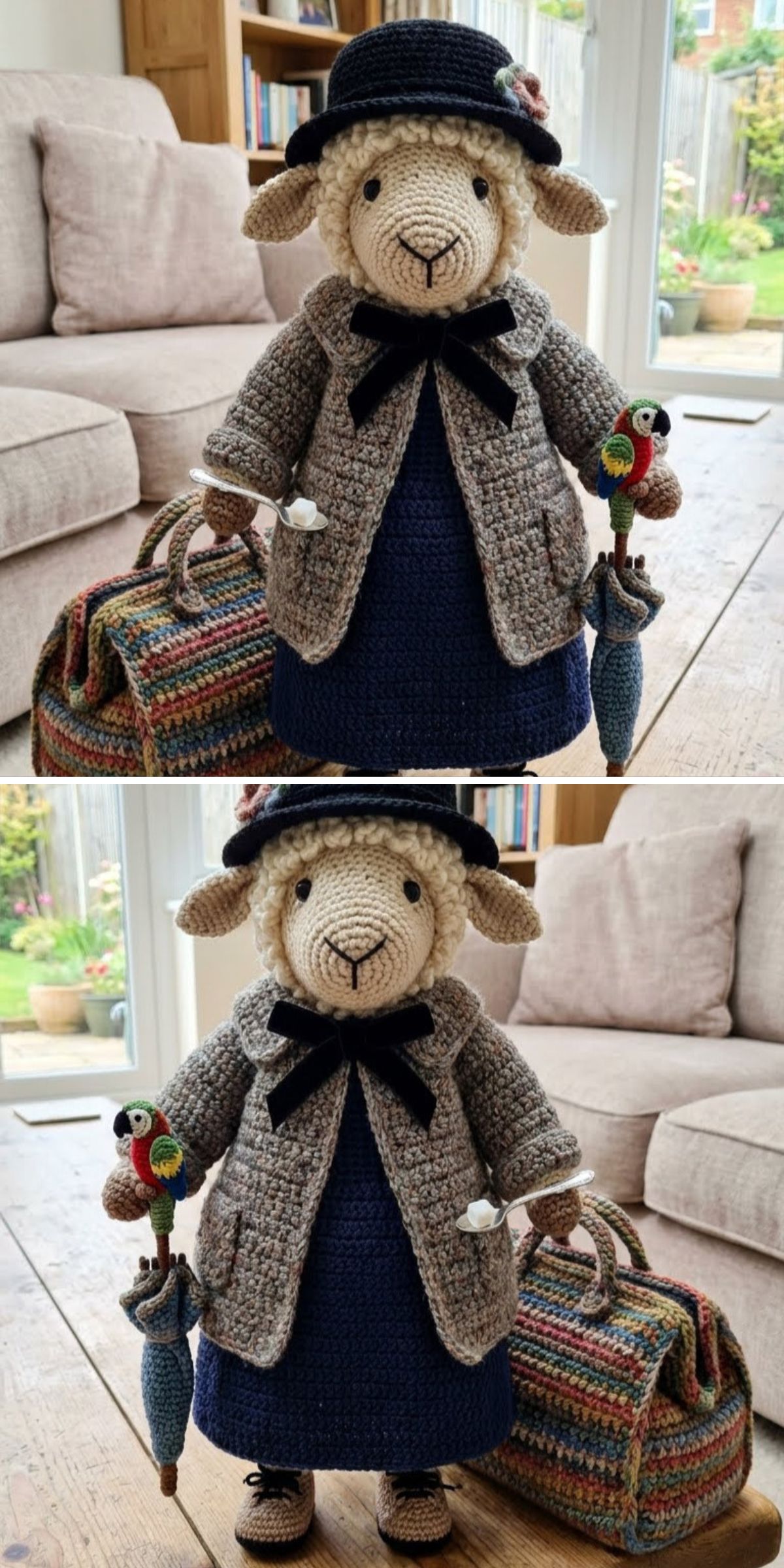 A crochet sheep toy wearing a hat, coat, and dress stands indoors holding an umbrella and a bag, with a crochet llama and a crocheted parrot perched on its arm.