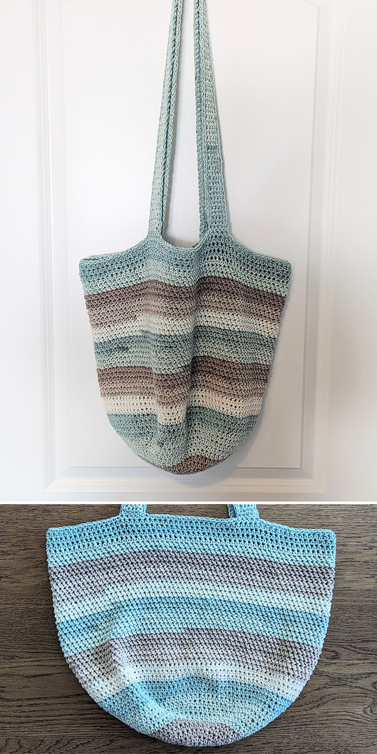 Two crocheted tote bags with long, striped handles and blue, brown, and beige horizontal stripes, shown hanging on a door and lying flat on a surface.